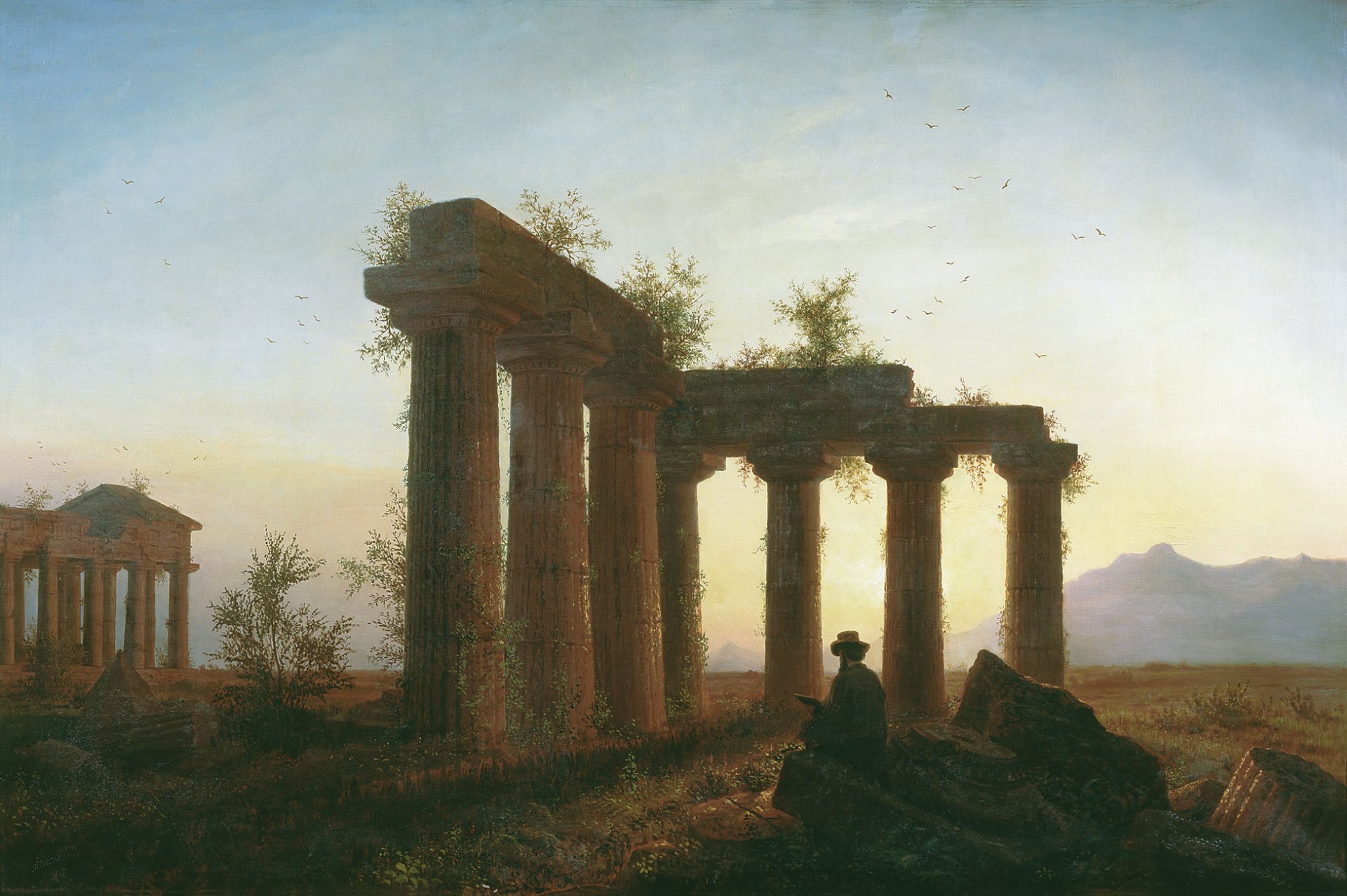 ruines temple grec coucher de soleil homme peinture