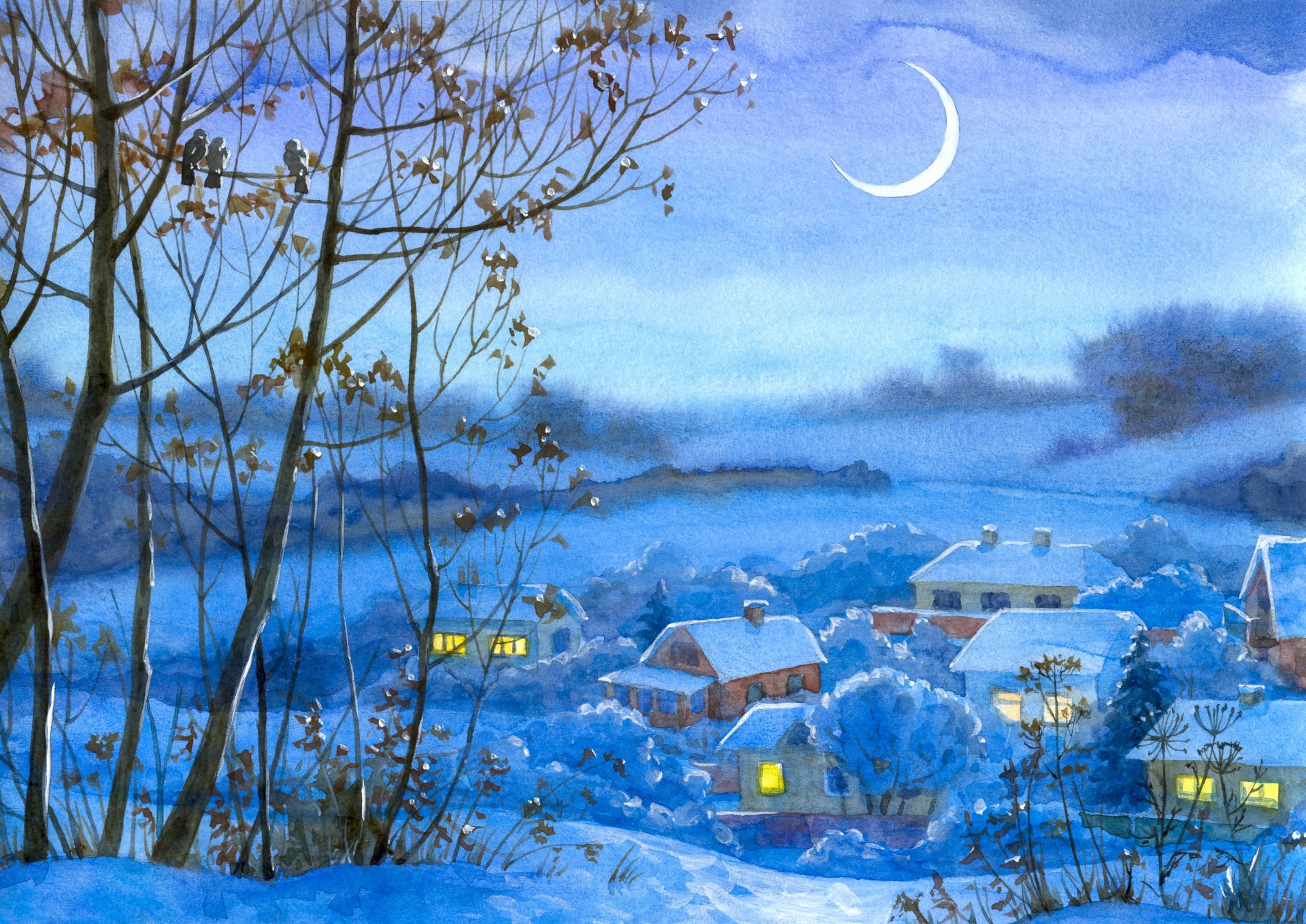 disegno acquerello villaggio inverno notte mese neve alberi valle