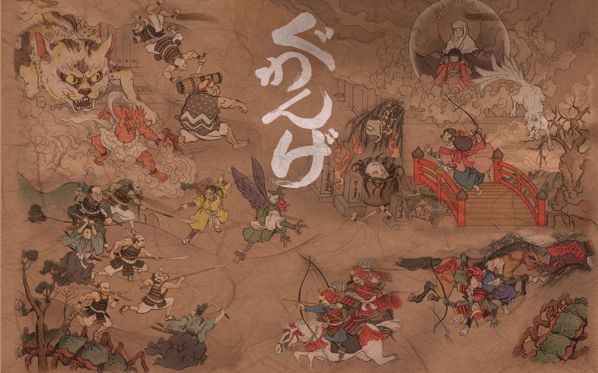 painting picture paper characters background samurai people bridge spirit daemons horses battle weapon