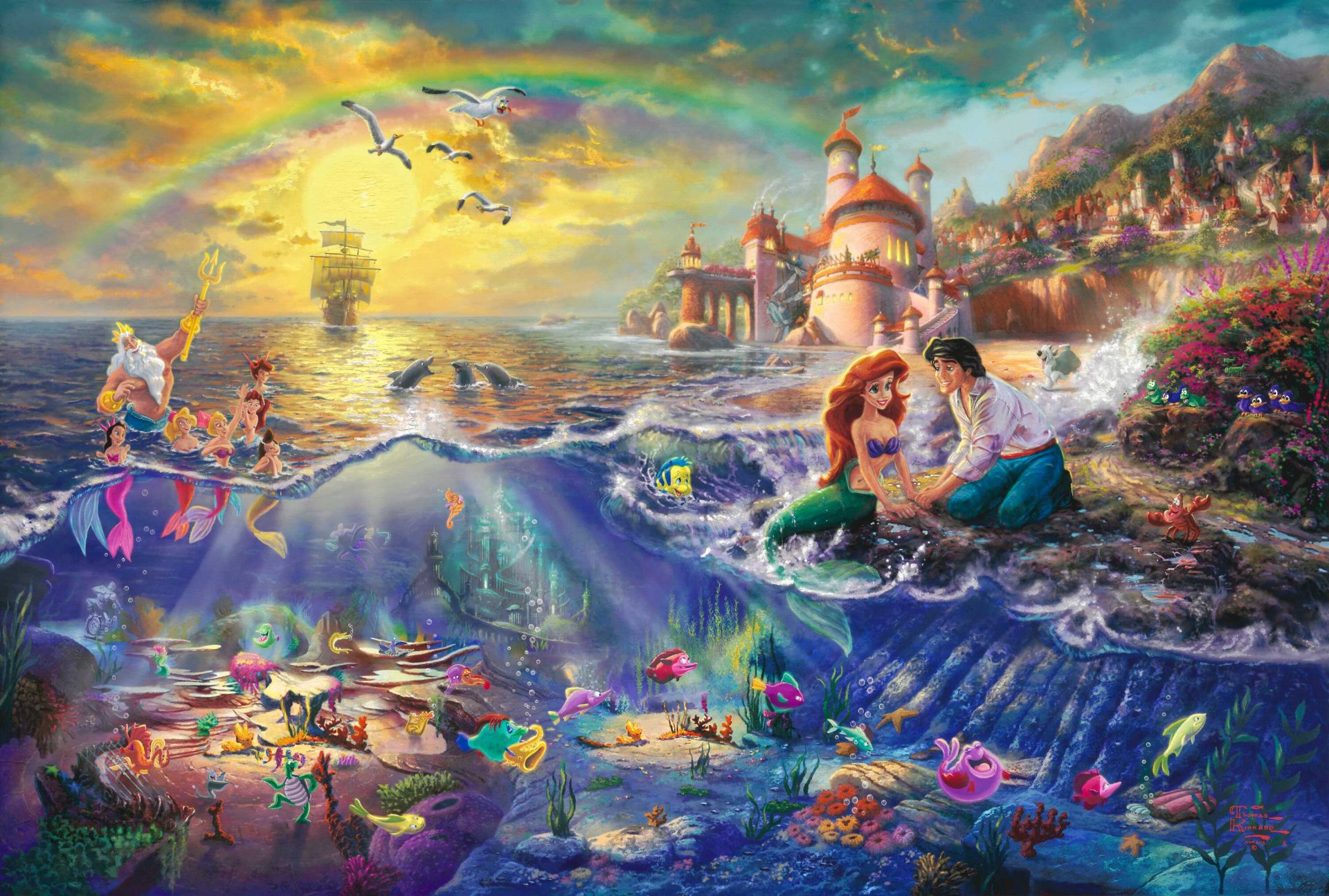 the little mermaid thomas kinkade painting walt disney pictures princess ariel neptune prince eric mermaid disney castle sail rainbow cartoon