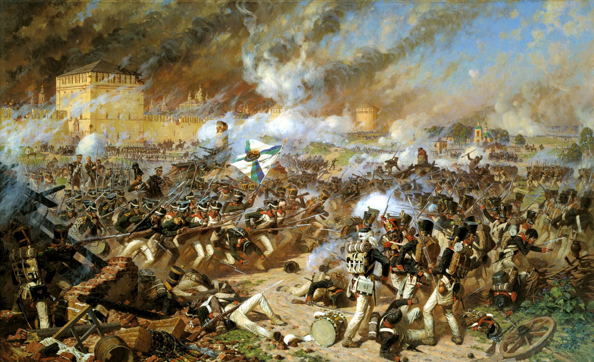 commandant militaire bataille smolensk artiste alexander averyanov maître des scènes de bataille bataille de smolensk guerriers soldats commandant suvorov forteresse fumée cadavres coups de feu gloire immortelle drapeau ville