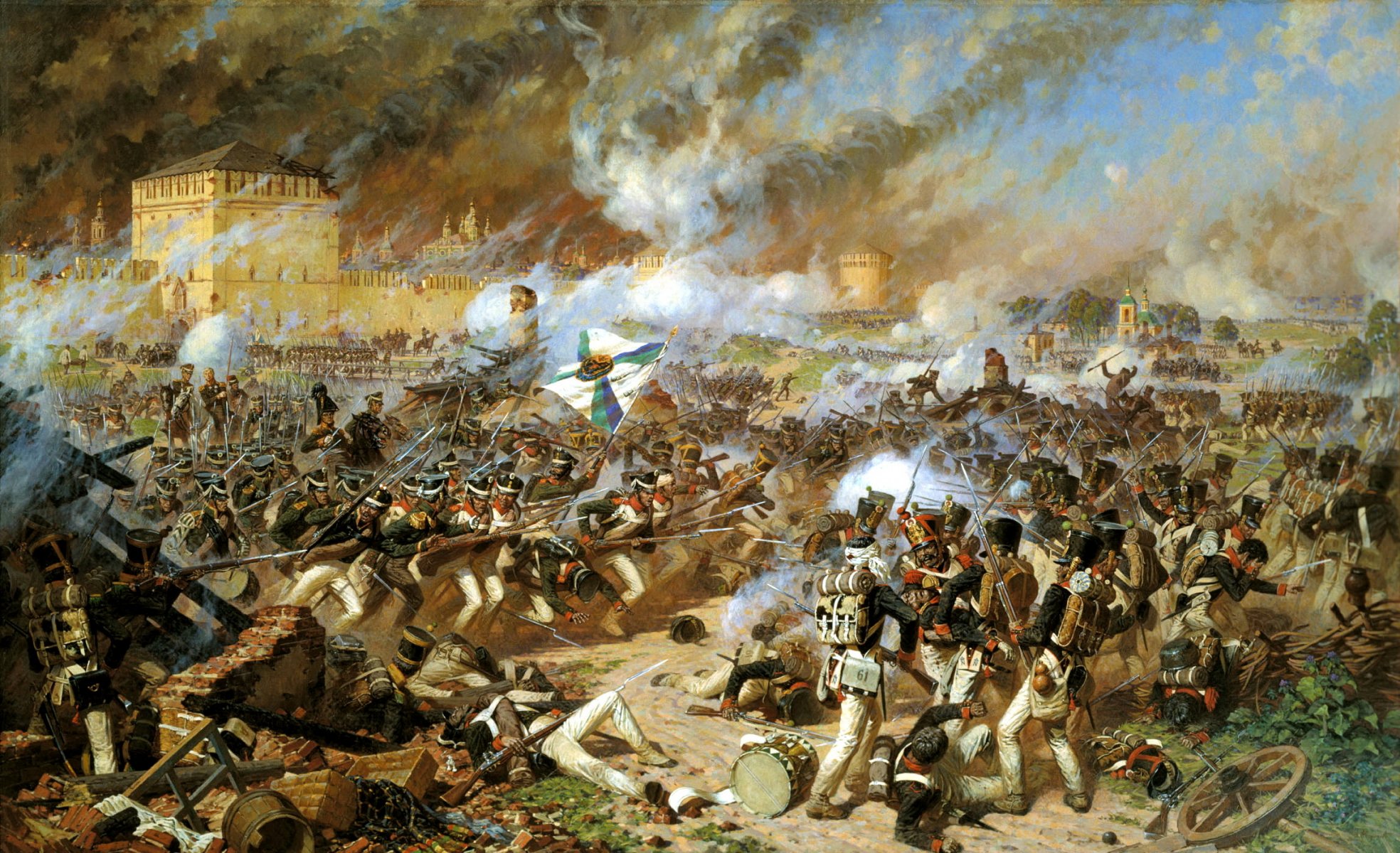 signore della guerra battaglia smolensk artista alexander averyanov maestro delle scene di battaglia battaglia per smolensk guerrieri soldati comandante suvorov fortezza fumo cadaveri colpi gloria immortale bandiera città