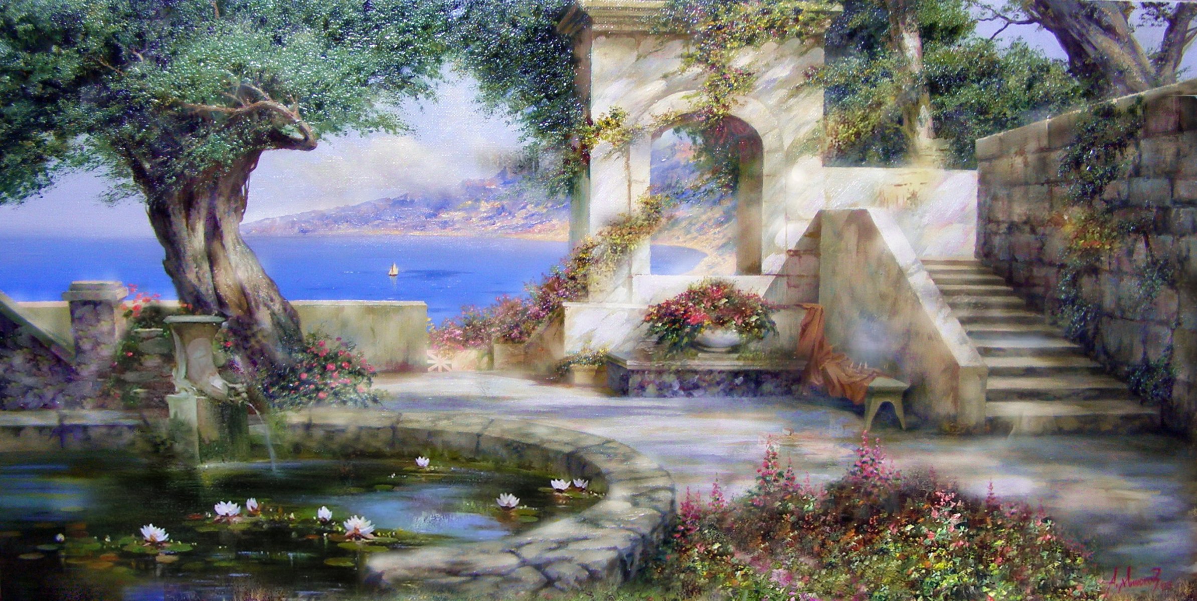 milyukov alexander sole ombra crimea mare vela stagno ninfee fiori gioia estate albero immagine pittura bellezza paradiso