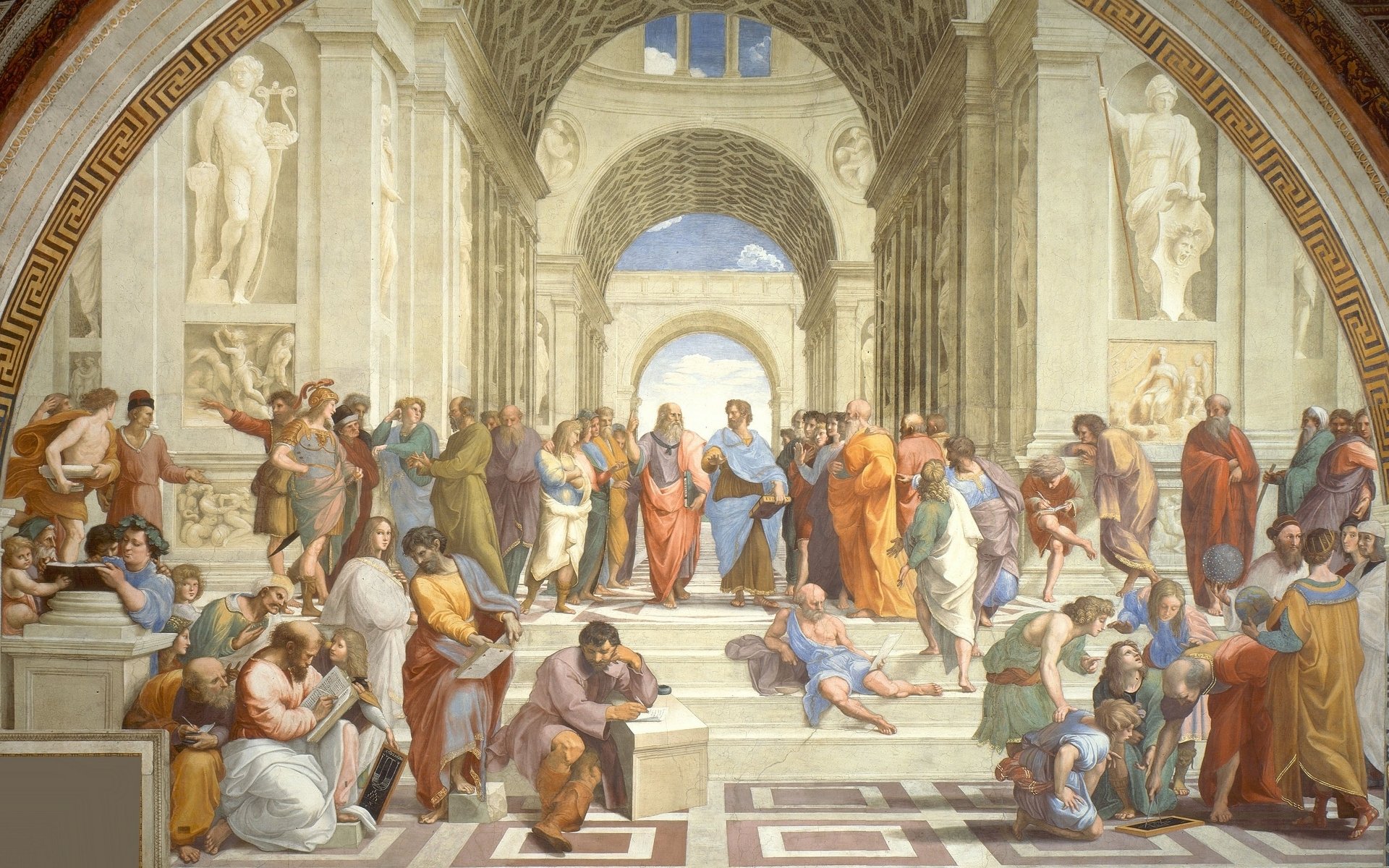 raphael santi raphaello santi schule von athen schule von di atene malerei kunst zenon von kiti epikur frederico ii. herzog von mantua anaximander averroes pythagoras alexander der große antisphen hypatia eshin parmenid sokrates heraklit von ephesus p