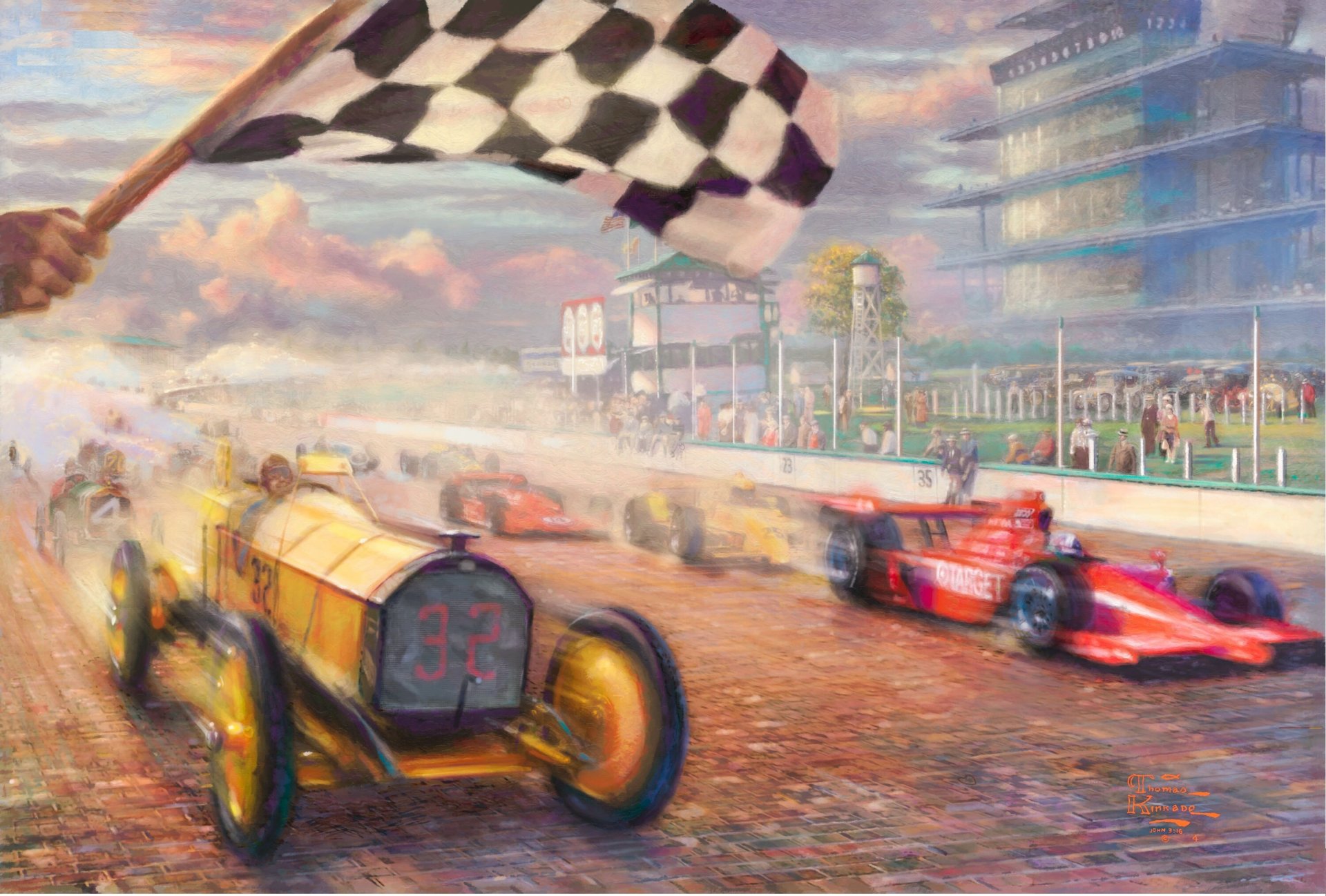 siècle racing thomas kincaid course peinture élégant moderne course voitures voitures passé siècle vitesse damier drapeau