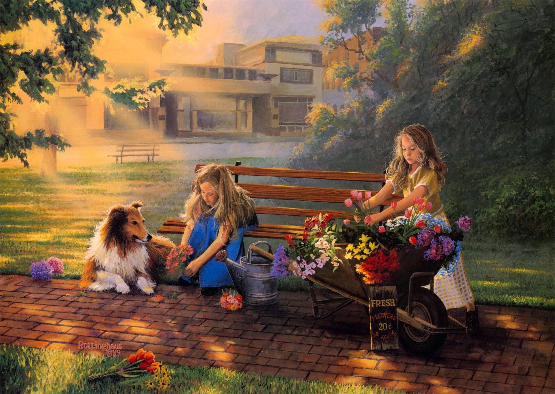 little bouquets david rottinghaus painting girls dog collie selling flowers bouquet flower