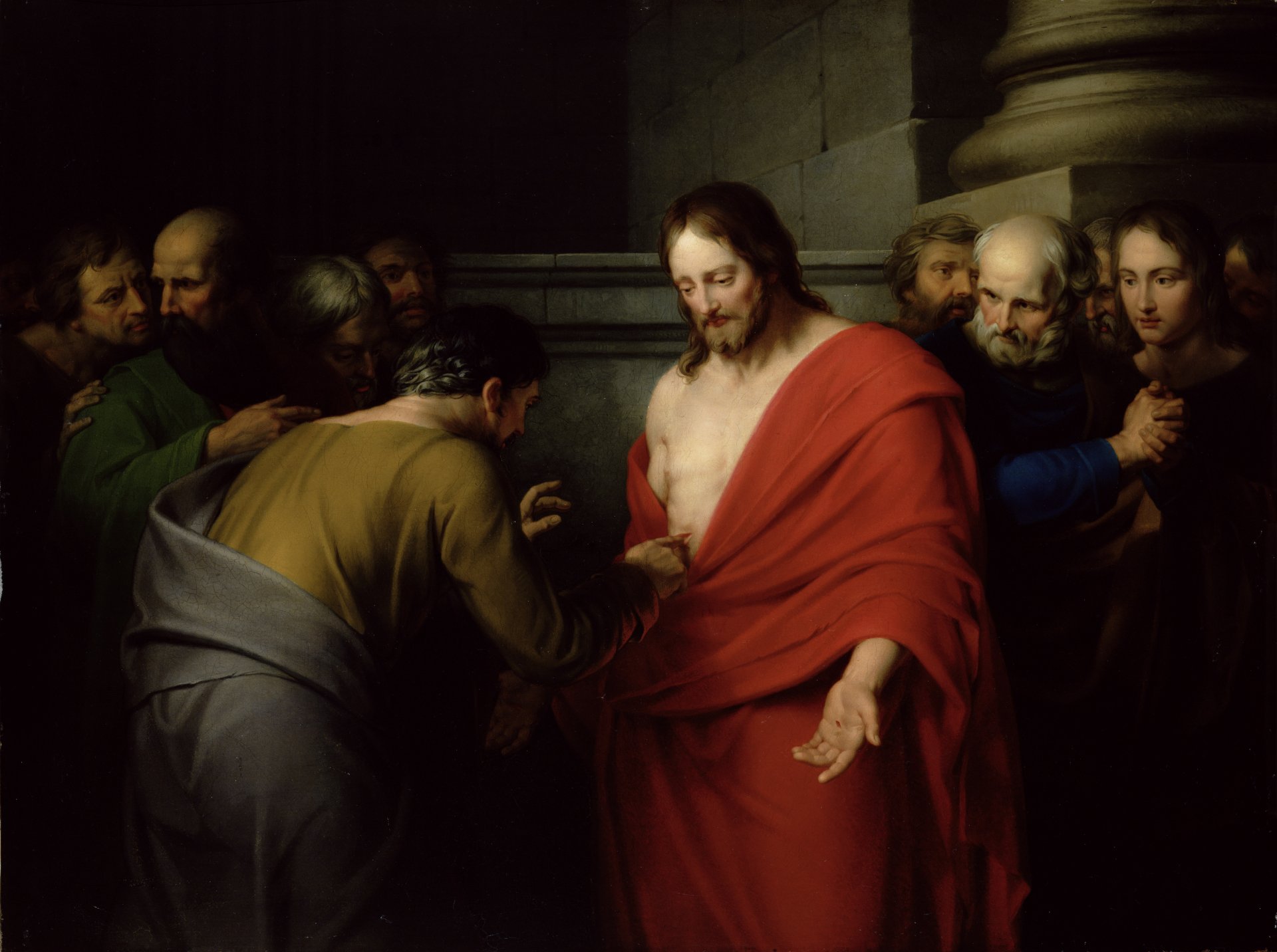 jesus back painting jesus was resurrected doubting thomas red gown wound christ apostle