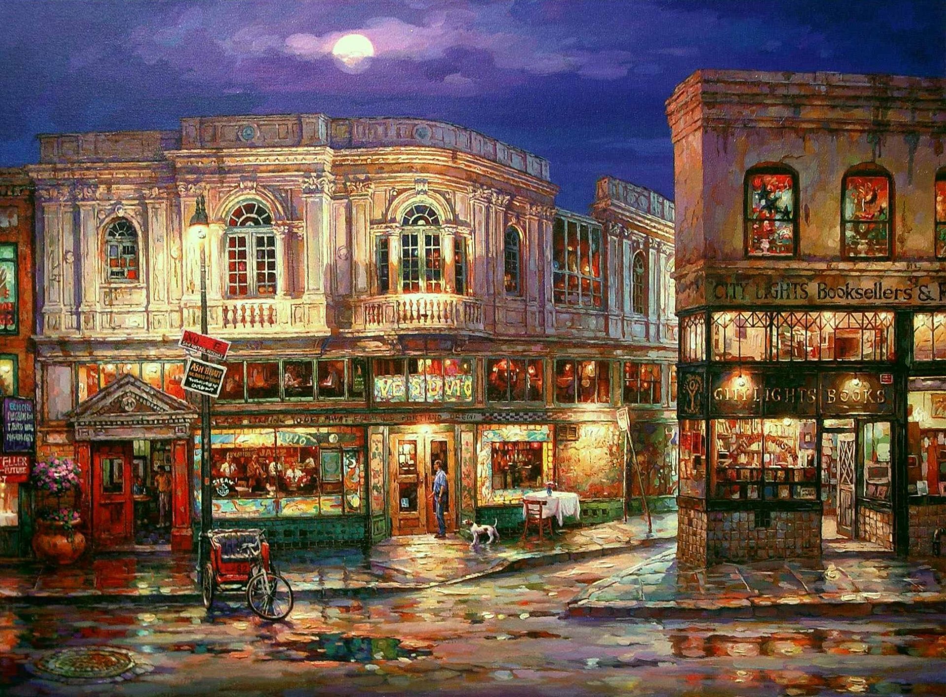 pattern cao yong street night moon house shops windows light