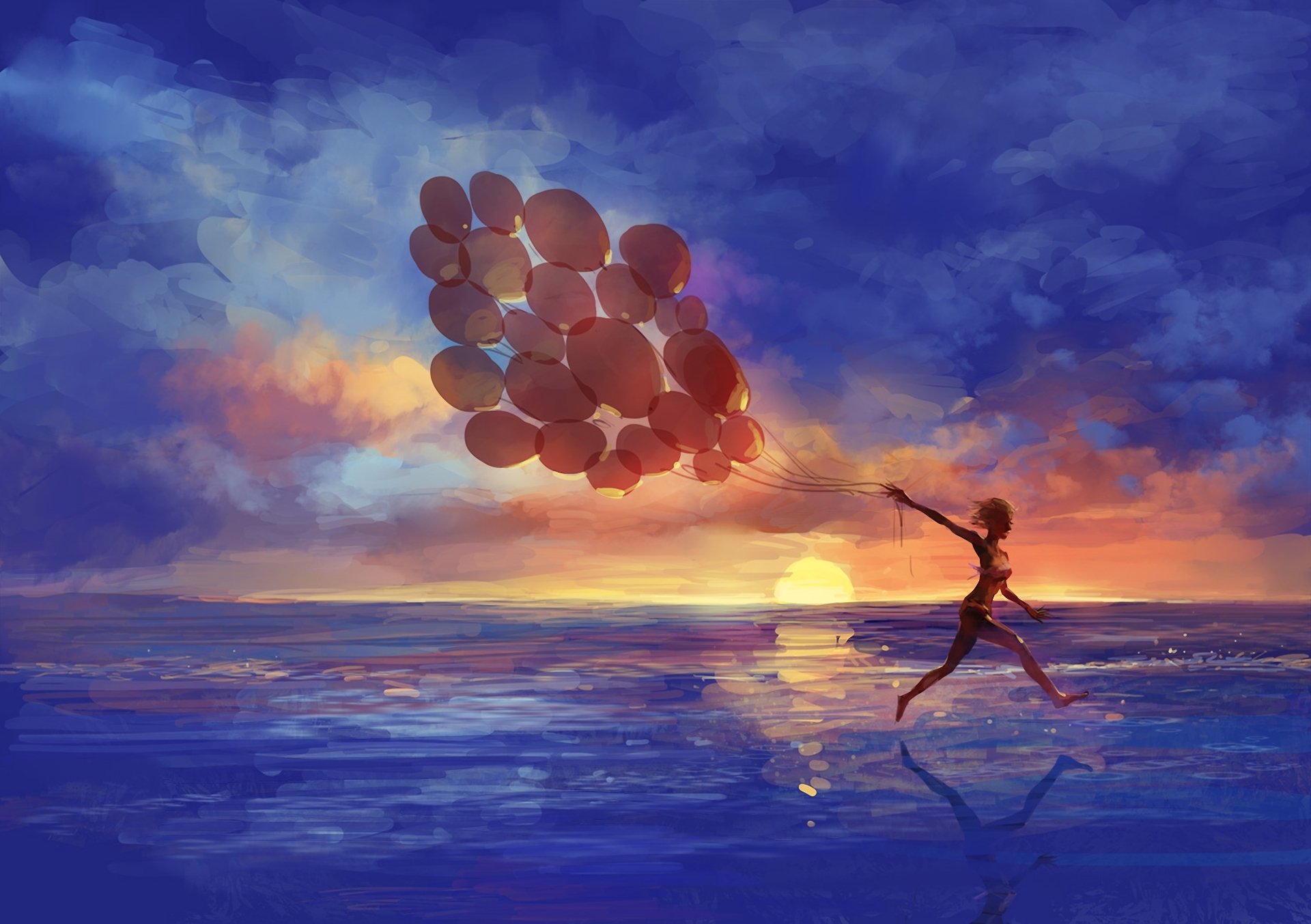 arte mare ragazza palloncini corsa emozione tramonto