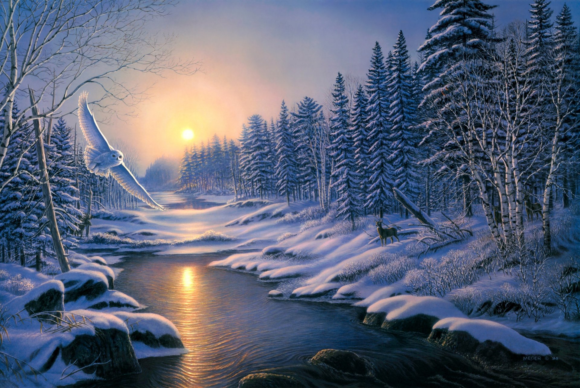 james meger solstice peinture coucher de soleil hiver glace neige nature oiseau hibou arbres hiver forêt épinette rivière hibou cerf animaux