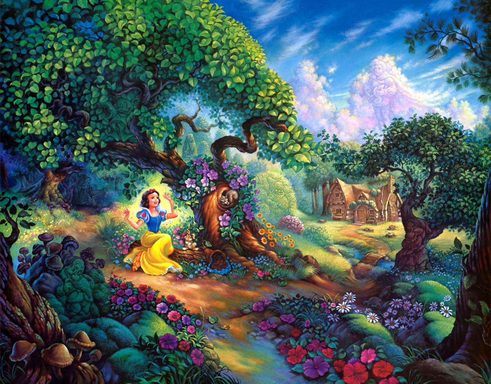 neve bianca foresta magica tom dubois pittura neve bianca foresta walt disney cartone animato casa fiori