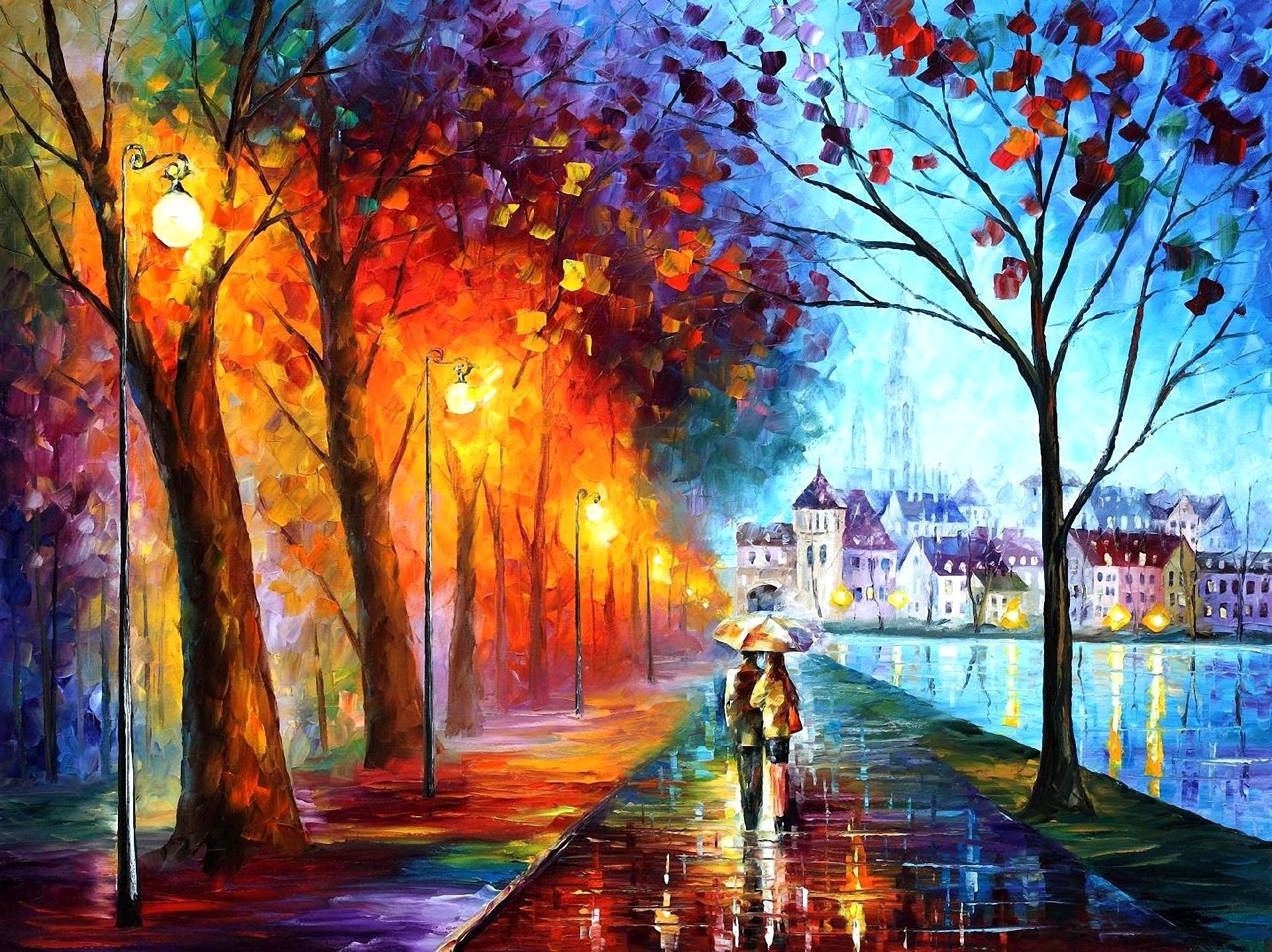 kunst leonid afremov stadt paar paar regenschirm regenschirm laternen häuser fluss bäume park regen