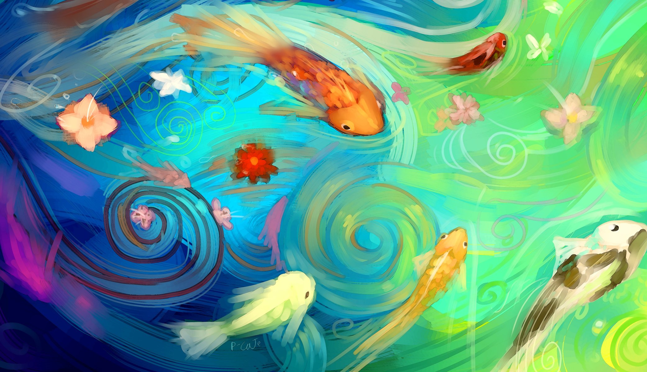 art fish fish flowers water abstraction