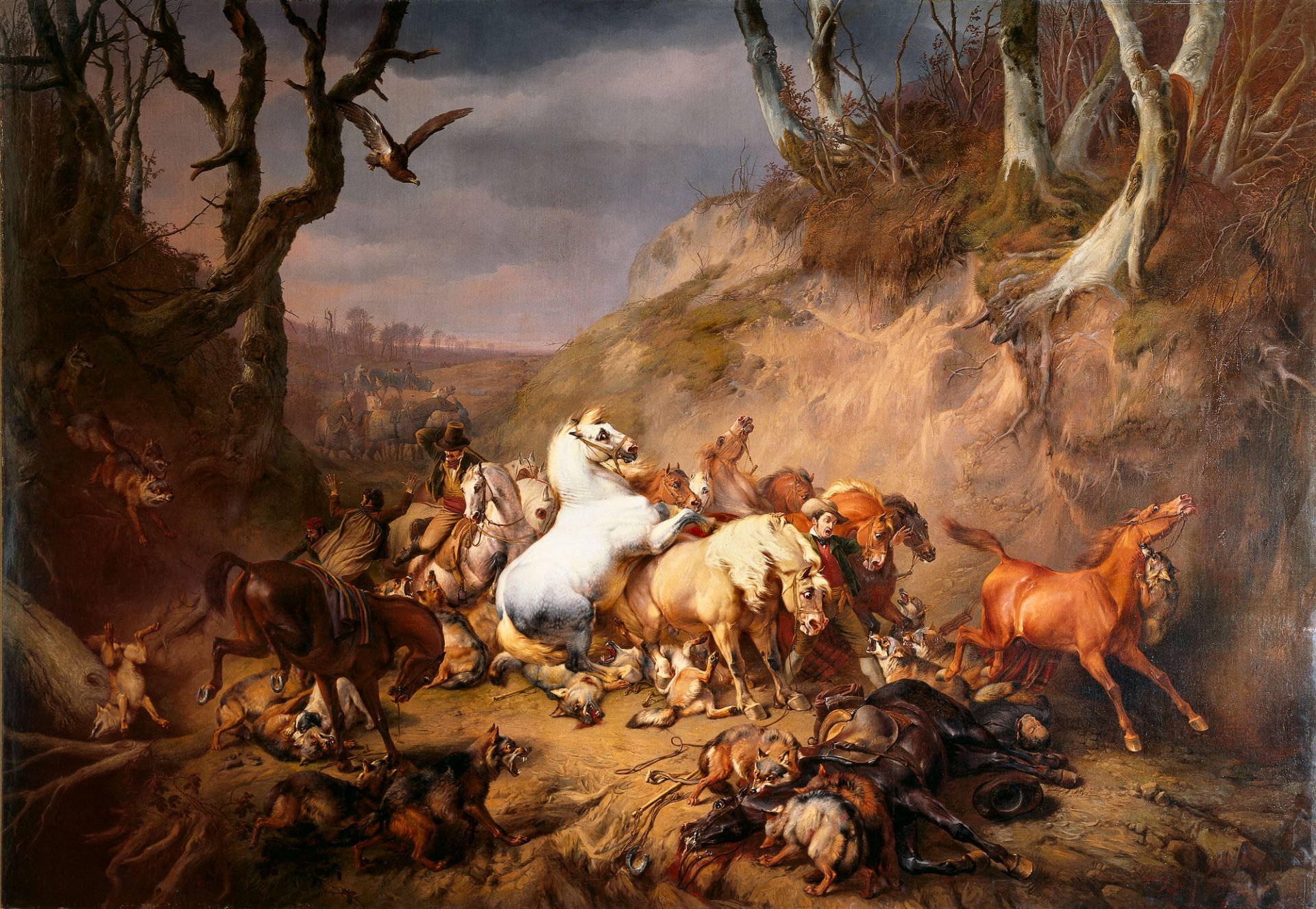 peinture aigle loups paysage personnes chevaux meute chevaux piège cadavres sang meute tas de mala