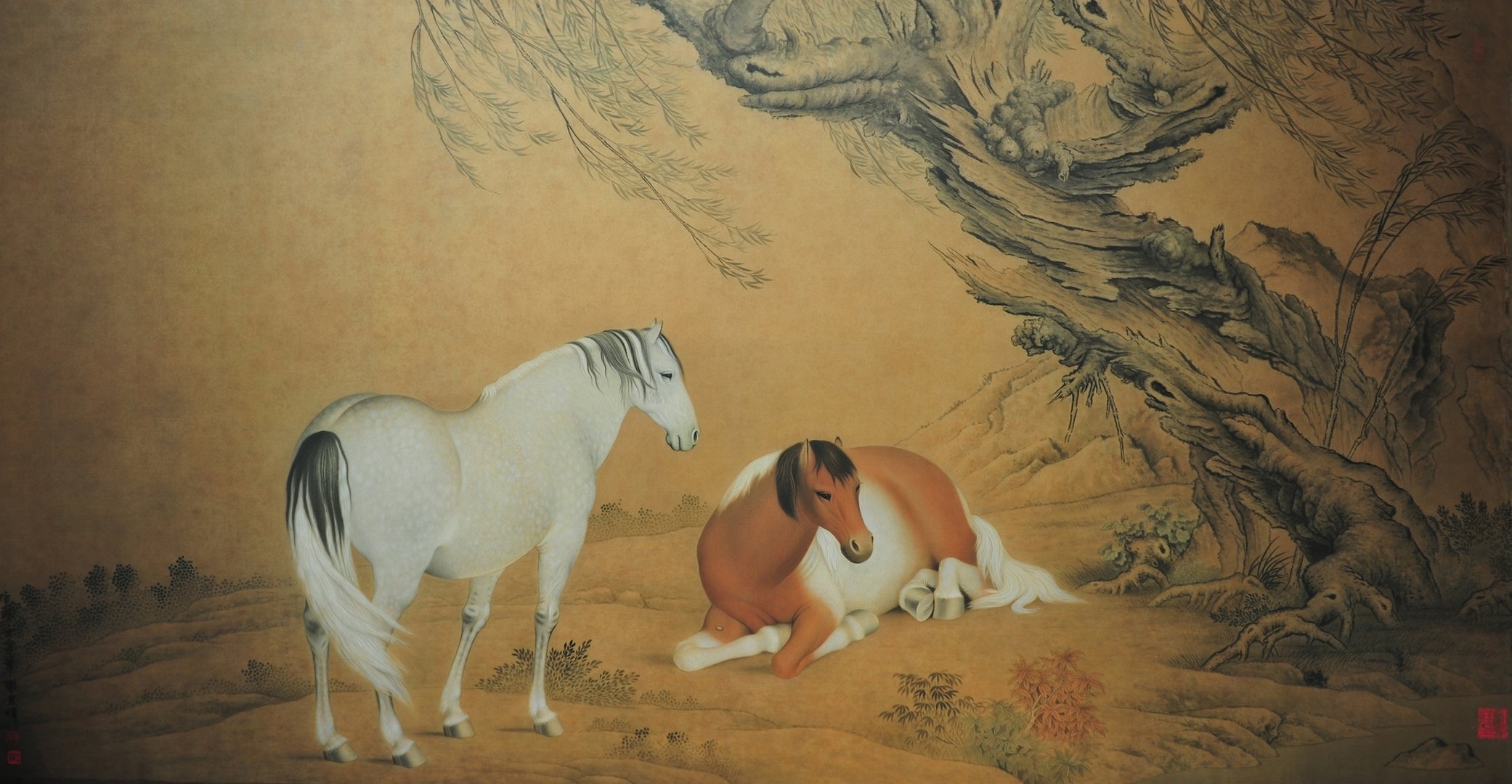 peinture chinoise cheval arbre nature fond jaune peinture chinoise peinture couple