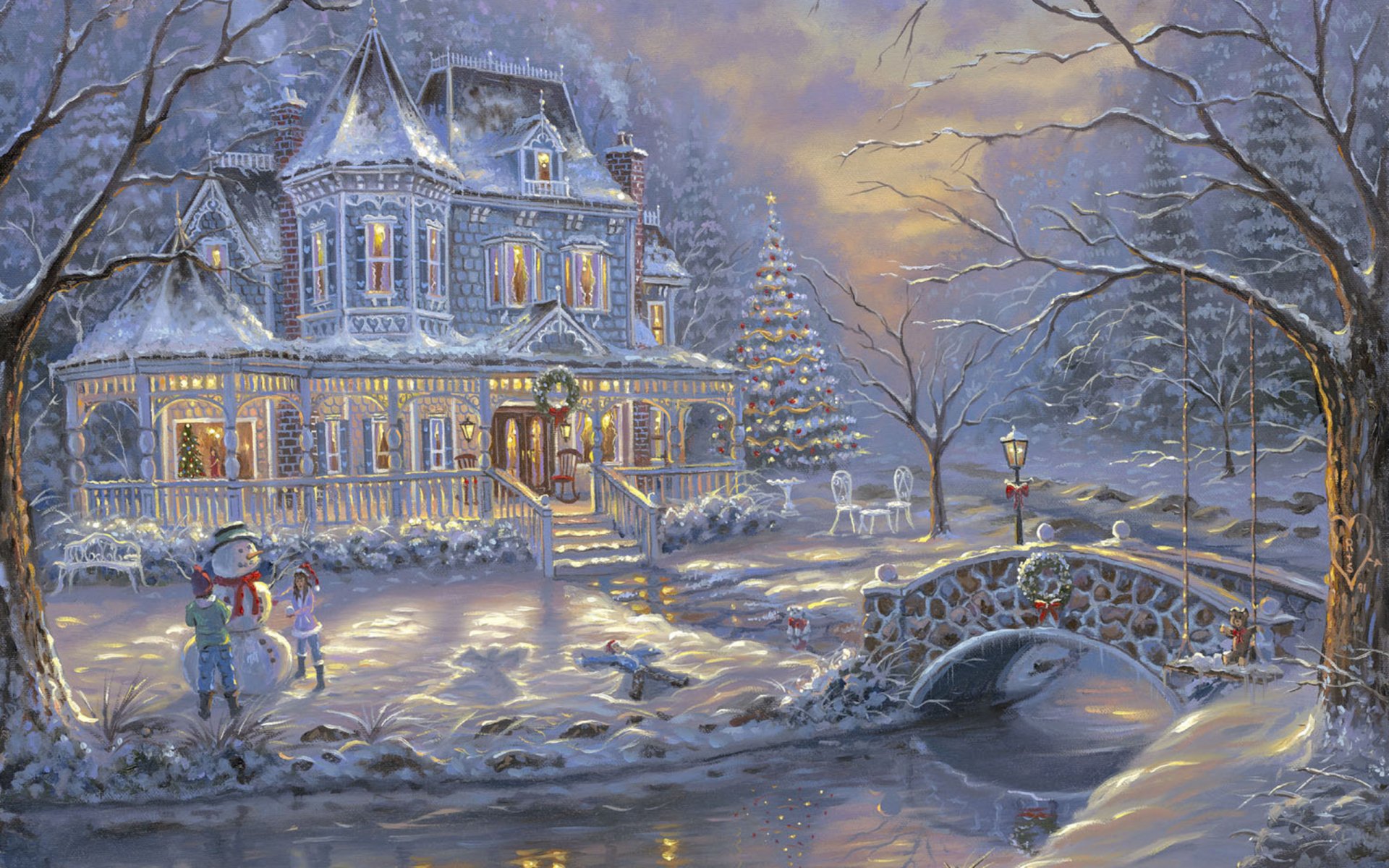 robert finale peinture neige bonhomme de neige hiver pont noël décoration de noël arbre de noël chalet glace rivière enfants hiver froid gel noël décoration arbres de noël sapin