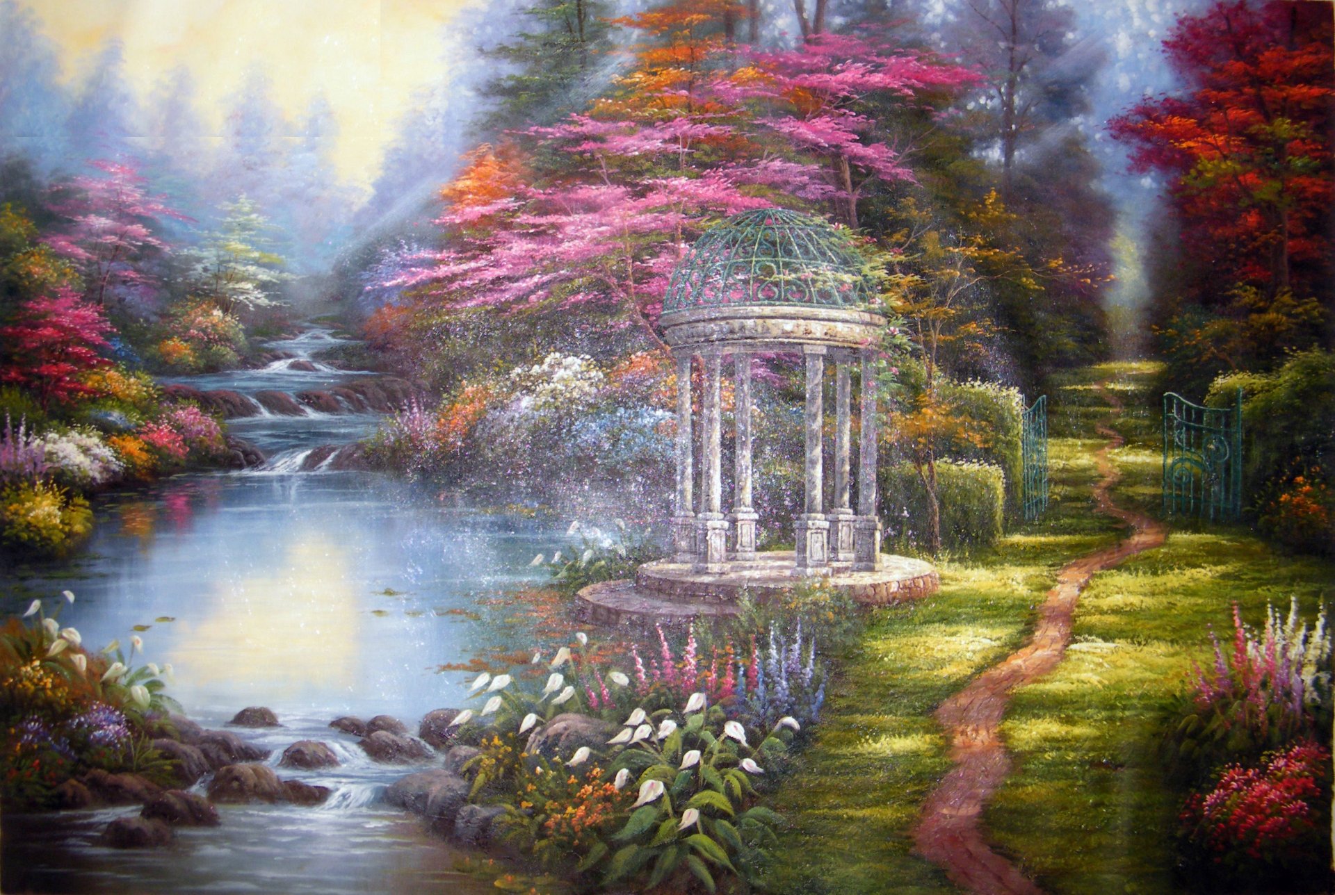 thomas kinkade pintura pintura jardín de oración cenador flores camino río