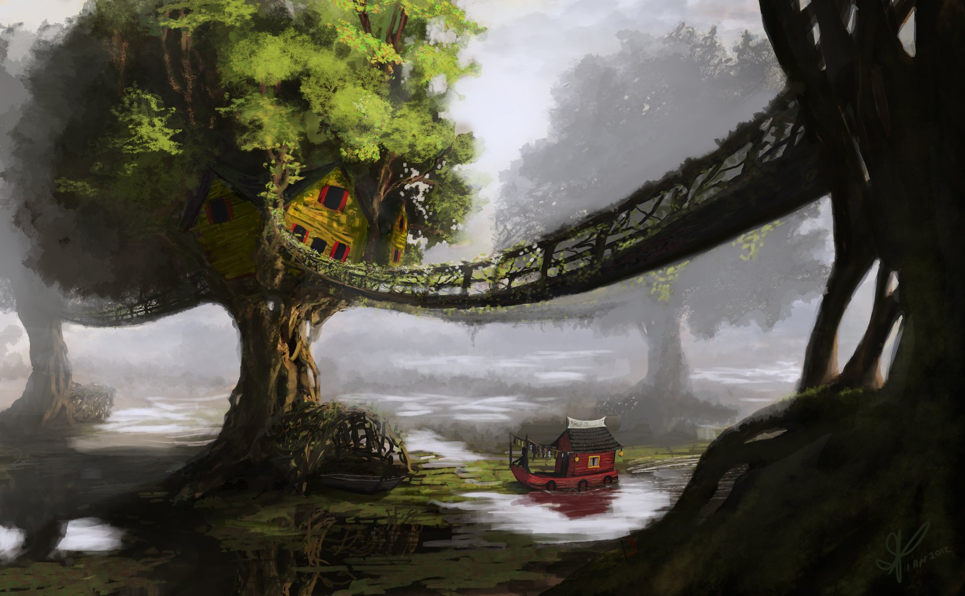 art landscape tree house hut river ship boat bridge