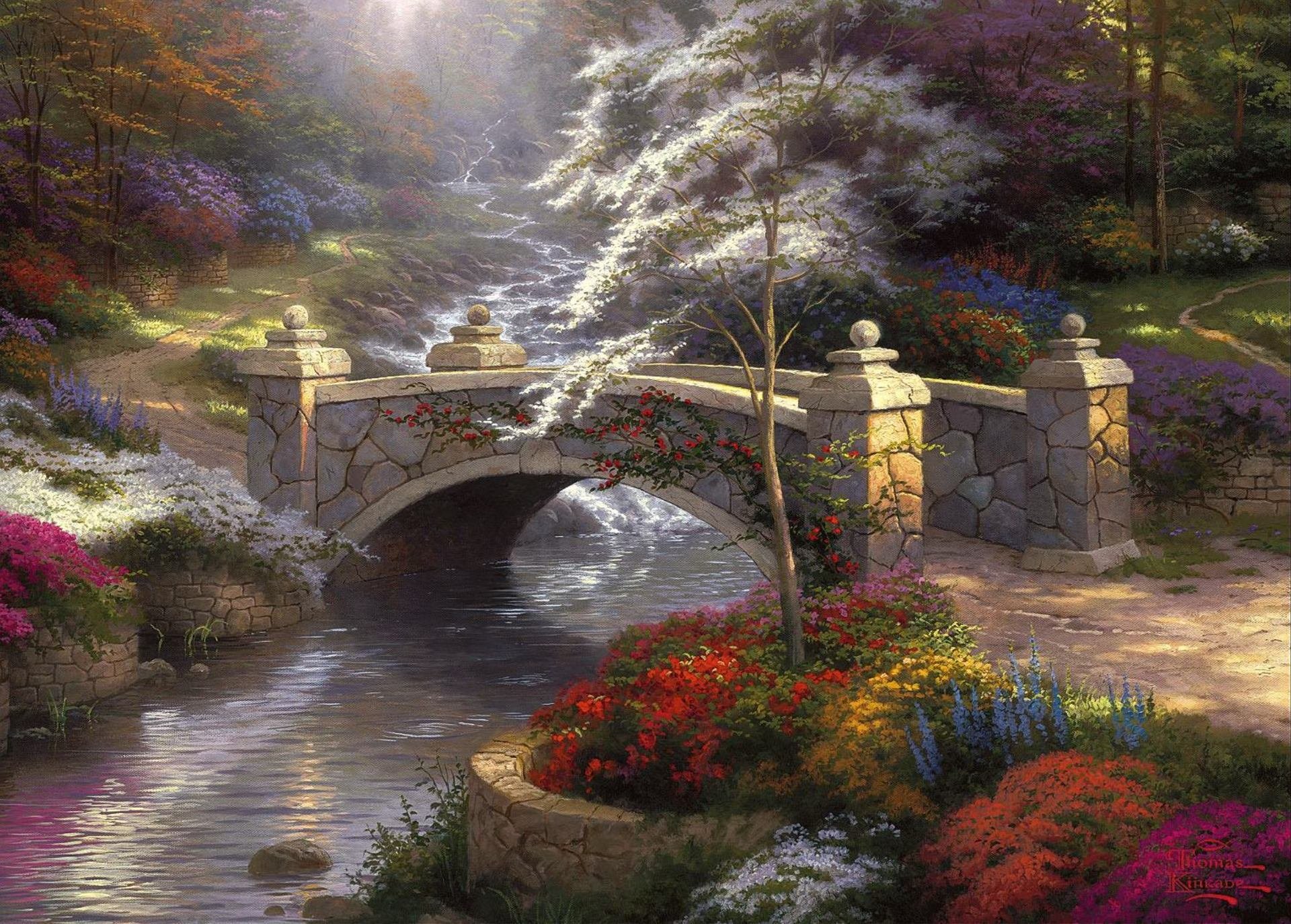 ponte della speranza thomas kincaid pittura natura ponte ponte colorato fiume