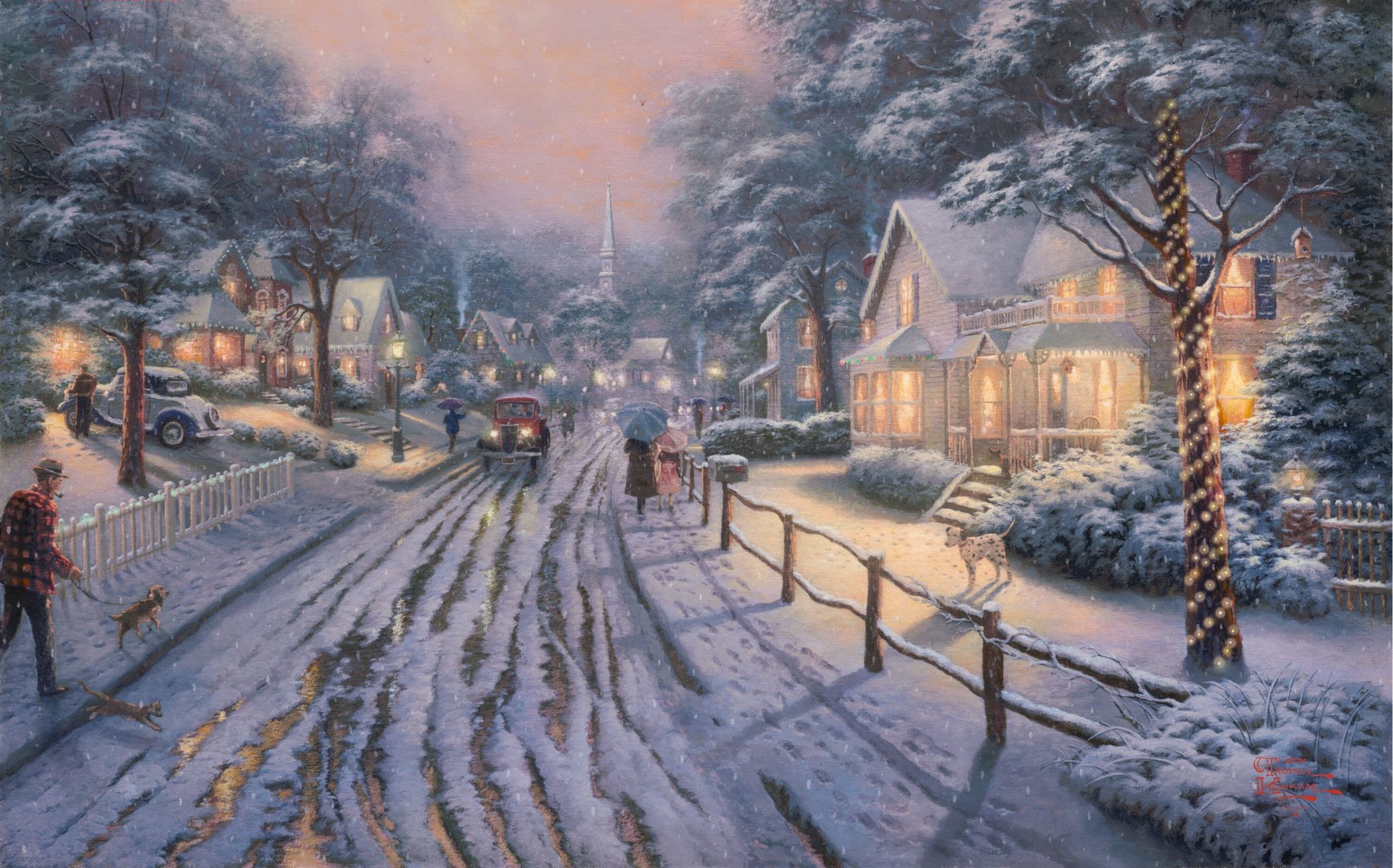 hometown christmas memories nice christmas image thomas kincaid art painting winter snow lanterns cottage city painting town houses cottages lights people umbrellas road cars dog dolmatian winter