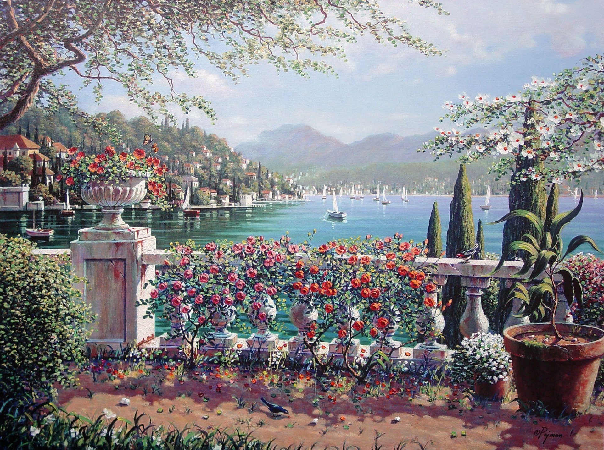 terrasse à bellagio bob pejman bellagio italie peinture bob pejman ville lac lac de côme voile fleurs roses cyprès