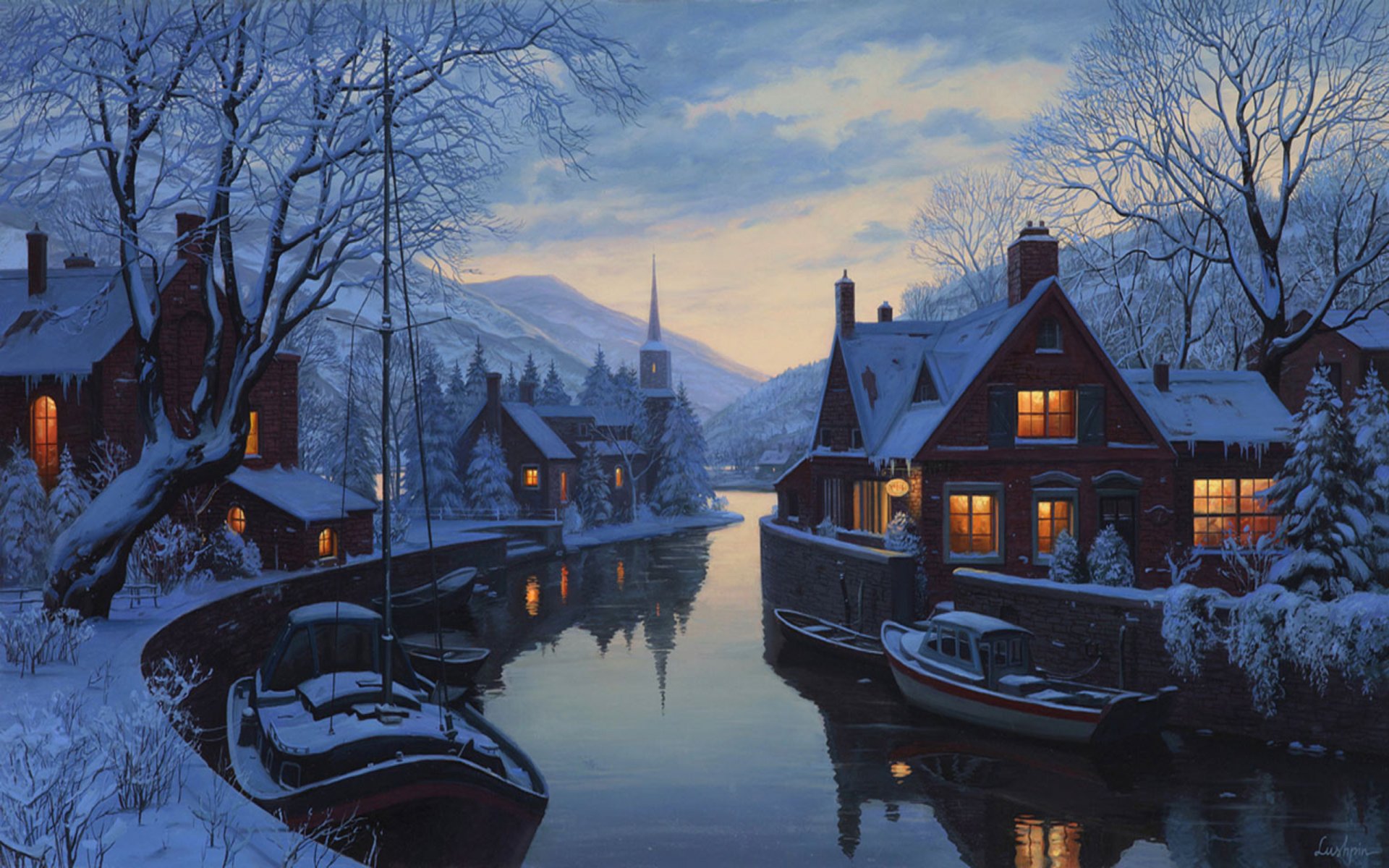 altes hotel am flussufer eugene lushpin malerei lushpin winter schnee häuser kapelle bäume fluss boote eugene lushpin lushpin winter fichte berge abend dämmerung