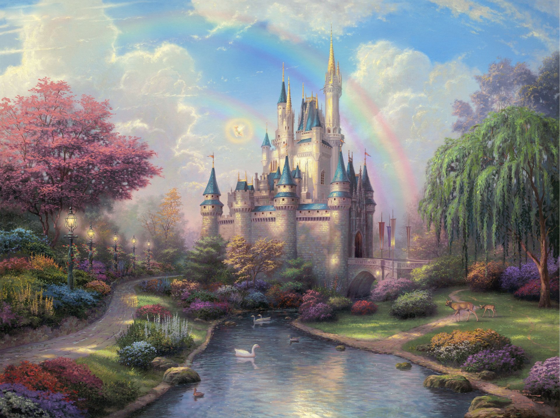 new day at the cinderella castle thomas kinkade painting cinderella castle castle disneyland park tree willow flower bridge river duck reindeer path track lamps rainbow