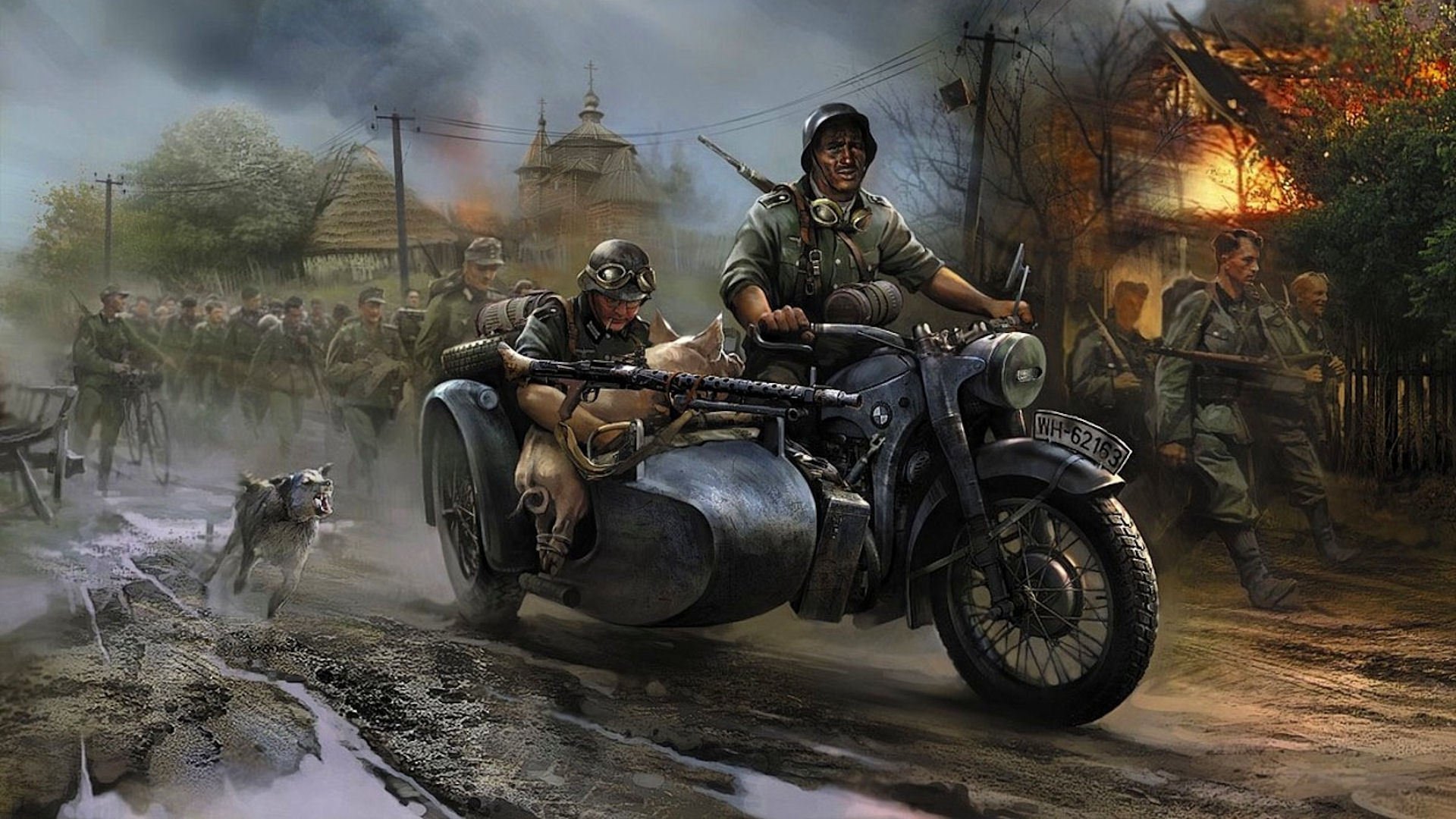 allemands moto invasion cochon chien bmw église feu guerre