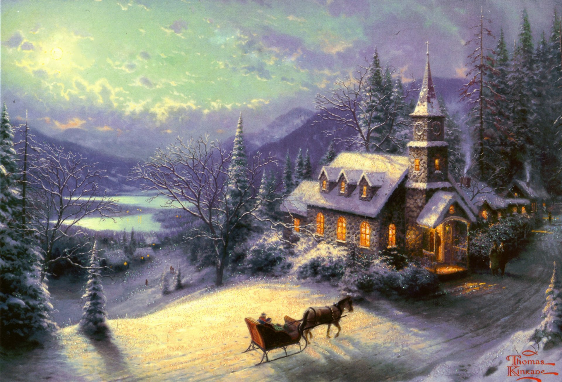 unday eve sleigh thomas kincaid painting winter winter moonlight light snow houses chapel road horse sleigh sunday evening rest mountains lake forest fir trees painting paintings drawing drawings art