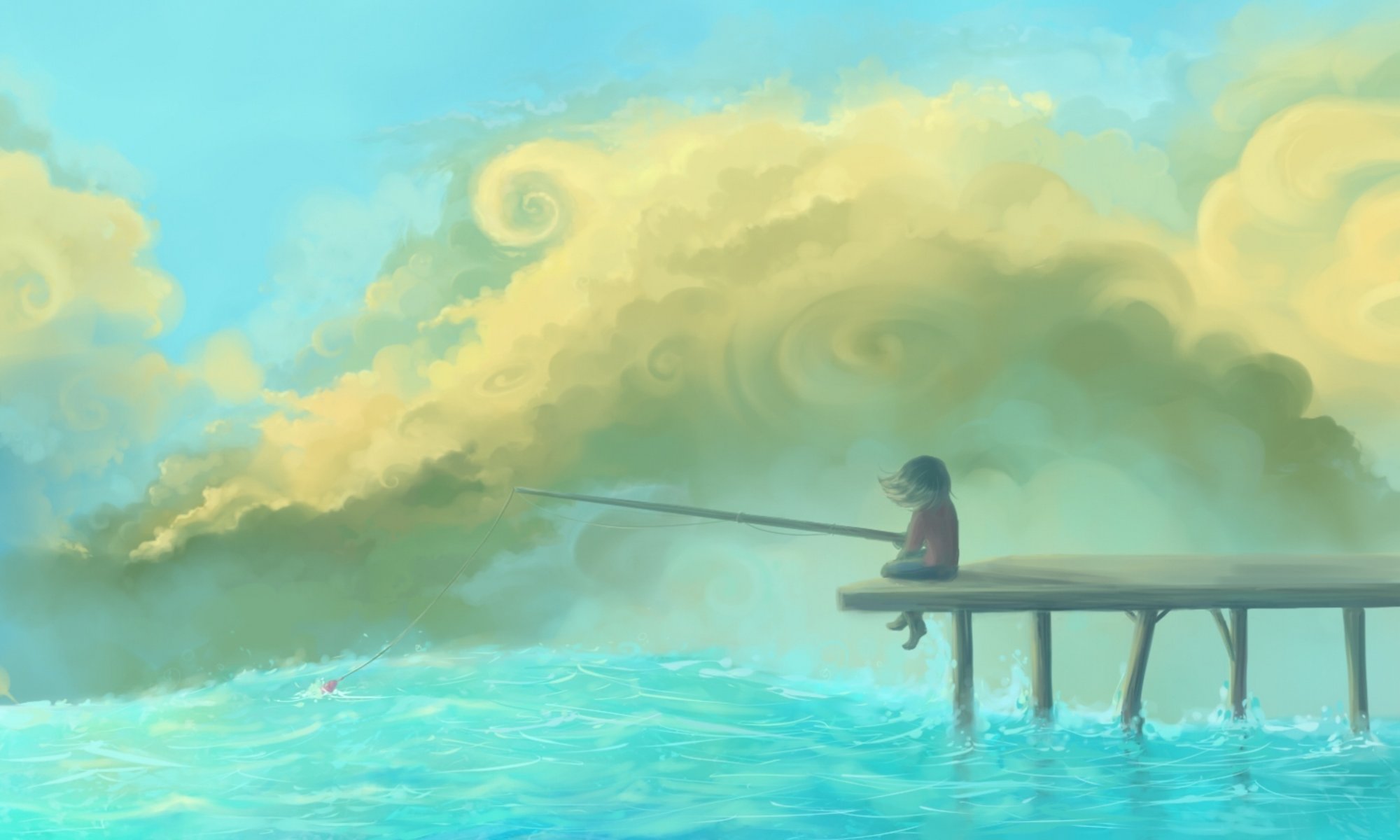 pier girl fishing rods float sky clouds river picture