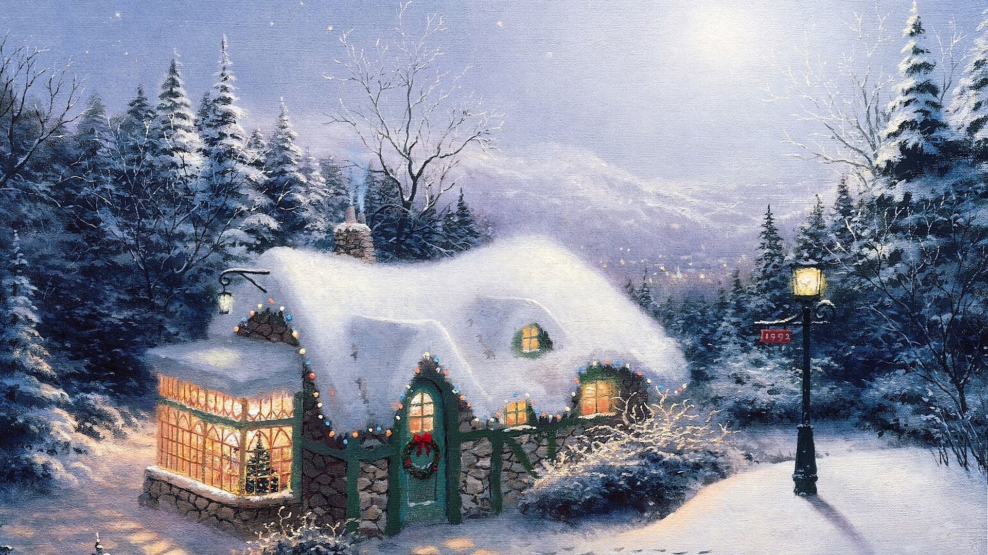 paisaje thomas kinkade noche tranquila pintura pintura navidad año nuevo noche silenciosa cabaña bosque cuento de hadas nieve linterna luces árboles de navidad