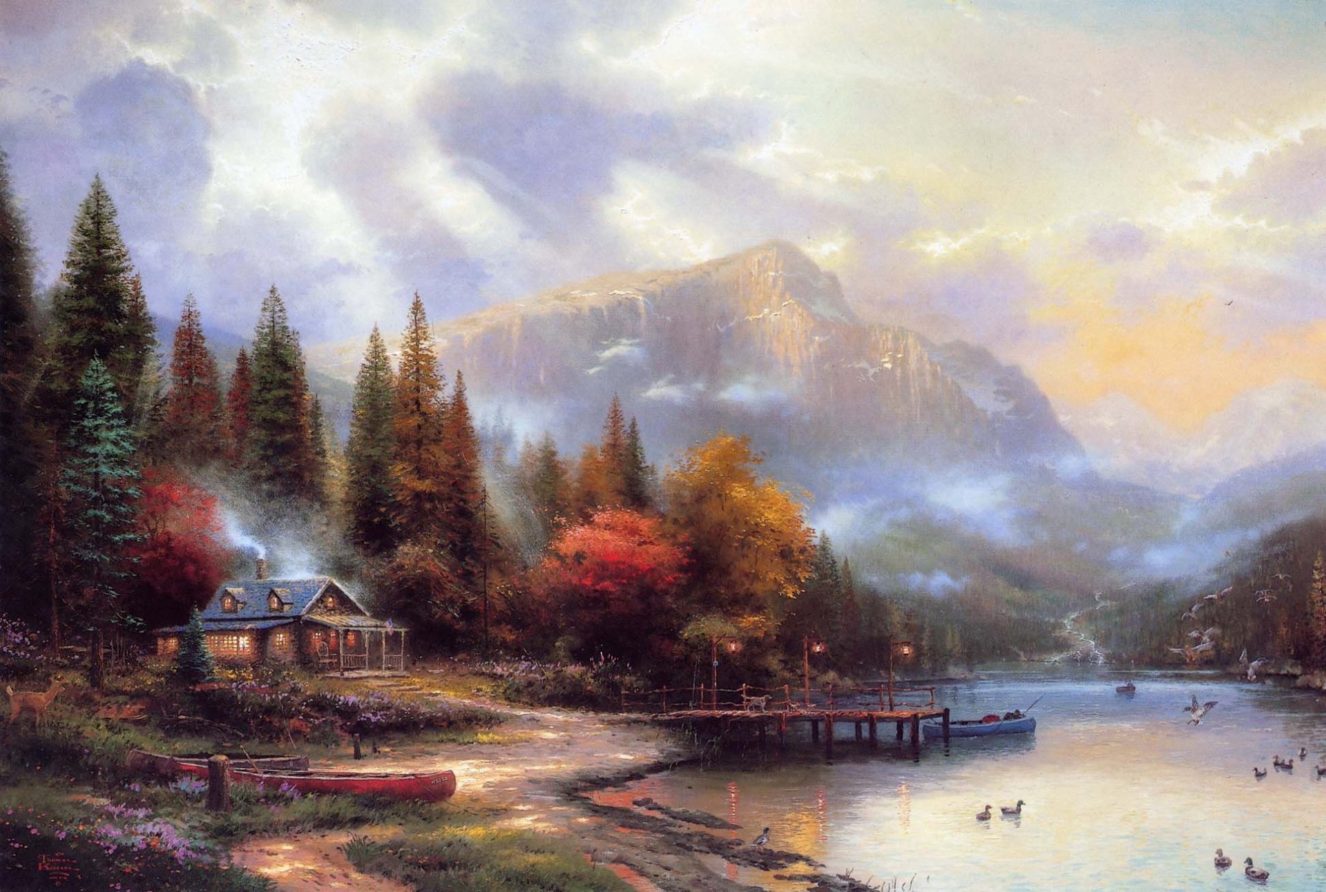 thomas kincaid berge haus fluss herbst malerei