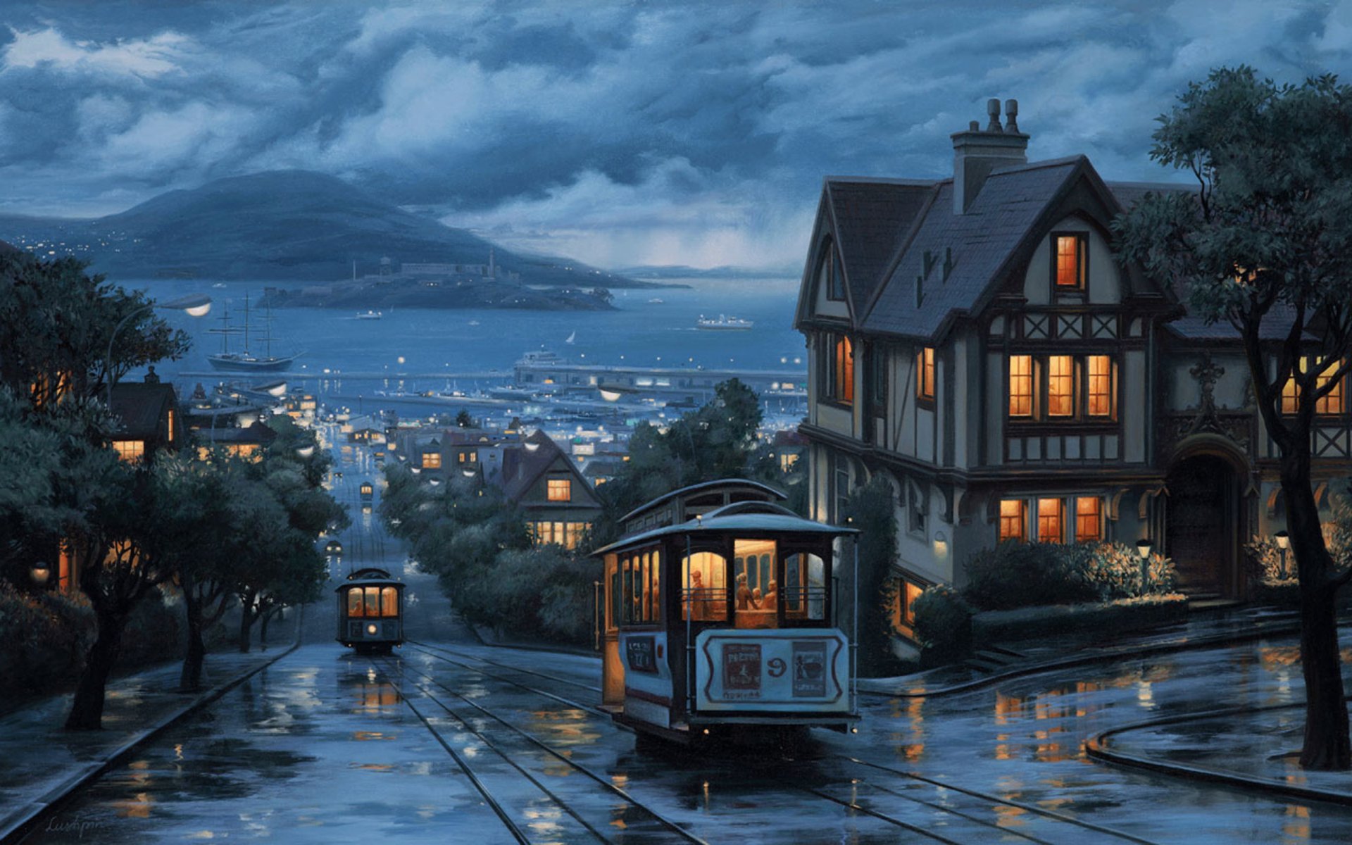 voyage du soir eugene lushpin lushpin peinture paysage ville rue port soirée maison ciel raide arbres colline tram vue lushpin eugene lushpin montagnes vue navires navires