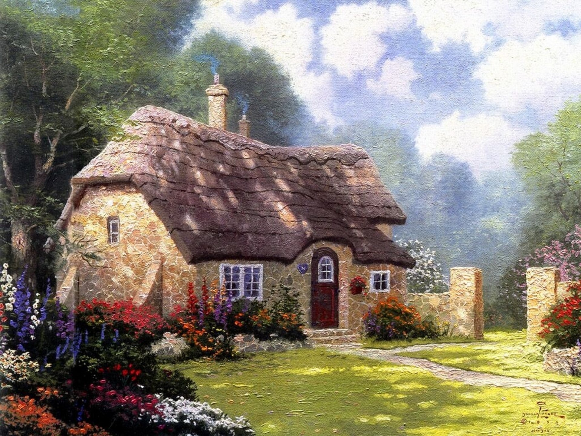 ferienhaus im wald thomas kincaid malerei sommer ferienhaus schön hütte stein stroh dach blumen himmel wolken sonnig tag