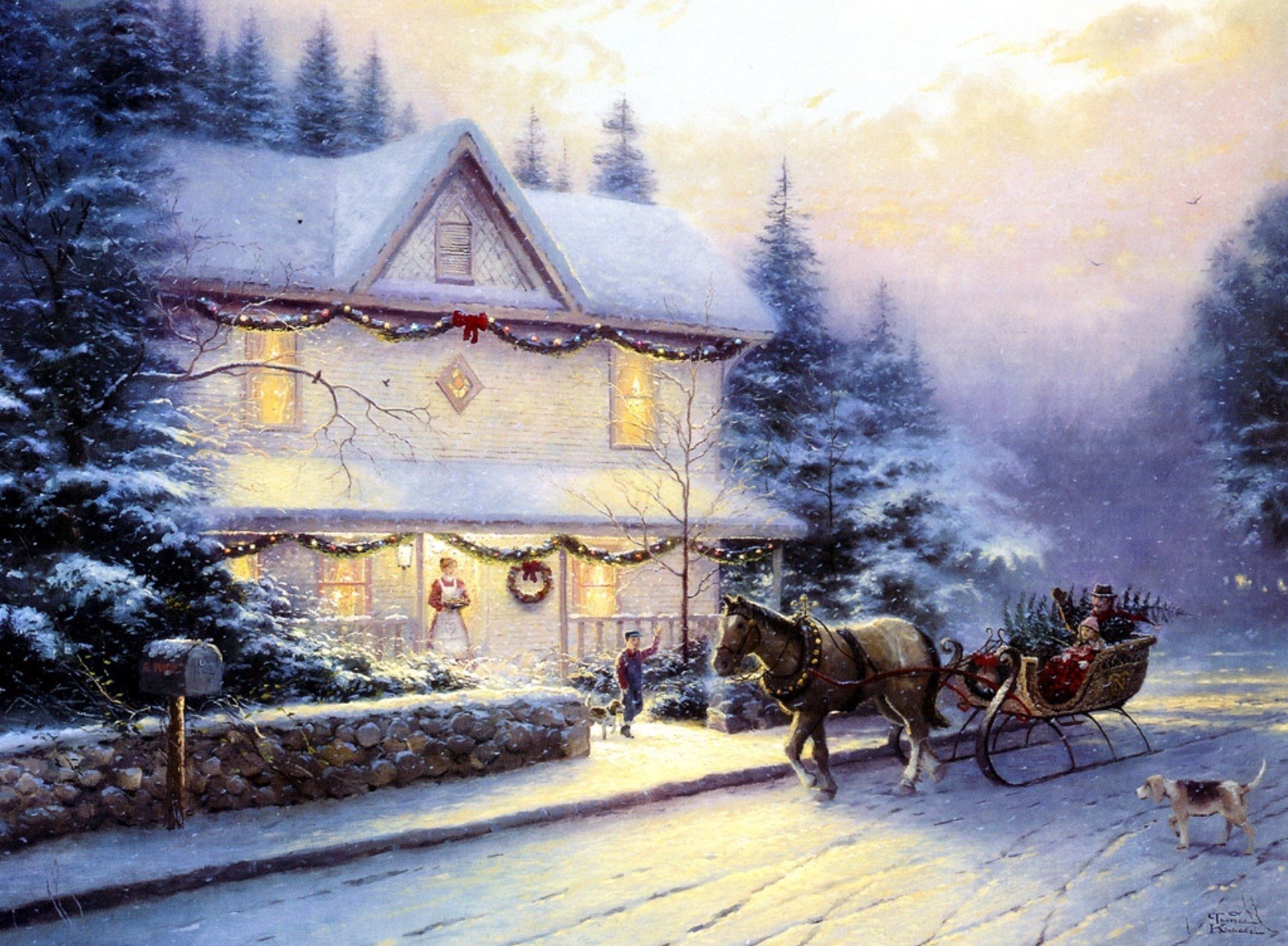 image victorien noël iv vacances noël thomas kincaid peinture peinture personnes chariot cheval traîneau chien chalet décoré route épinette clôture pierre