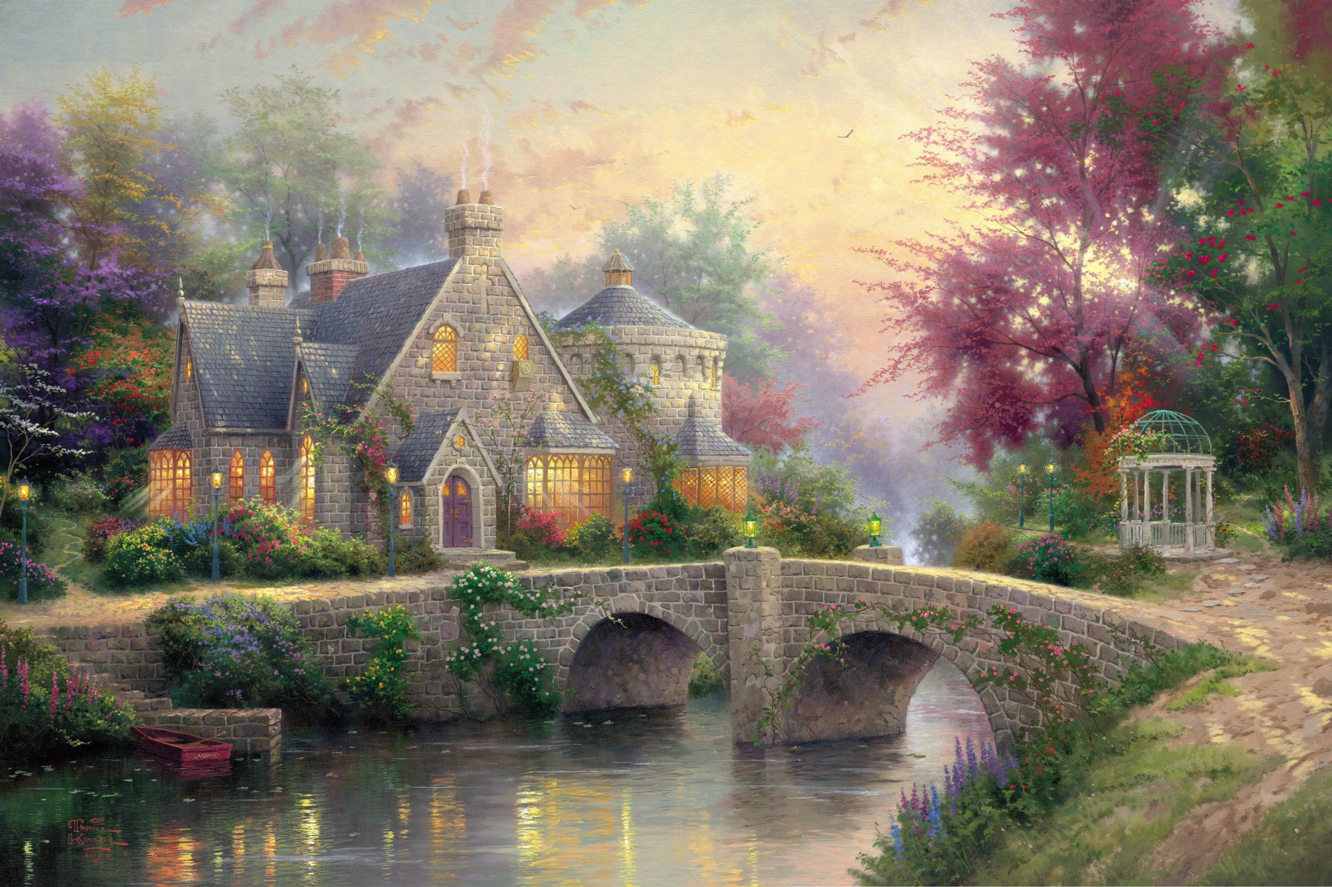 lamplight manor thomas kincaid painting art bridge colorful cottage lamps manor river summer estate gazebo lantern