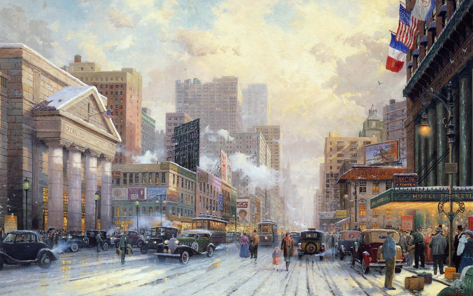 thomas kincaid new york neve sulla seventh avenue 1932 arte pittura inverno neve città strada ol viale hotel bandiera stati uniti francia automobili automobili case grattacieli inverno