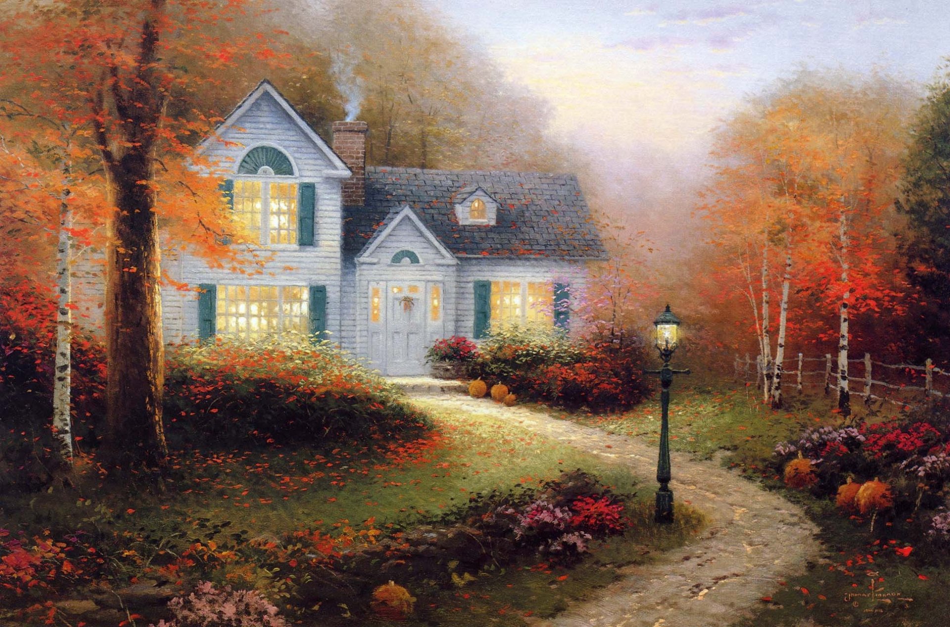 thomas kincaid kincaid pintura pintura otoño linterna cabaña luz humo