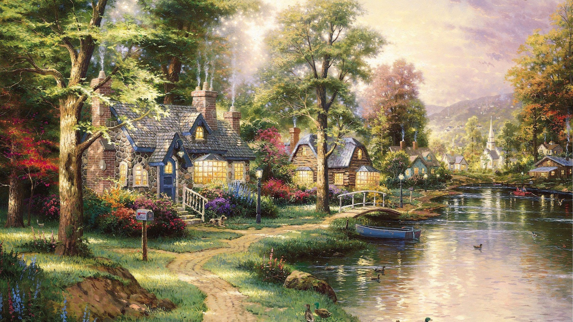 thomas kinkade art landscape nice pattern hometown lake painting houses path bridge lake boat duck