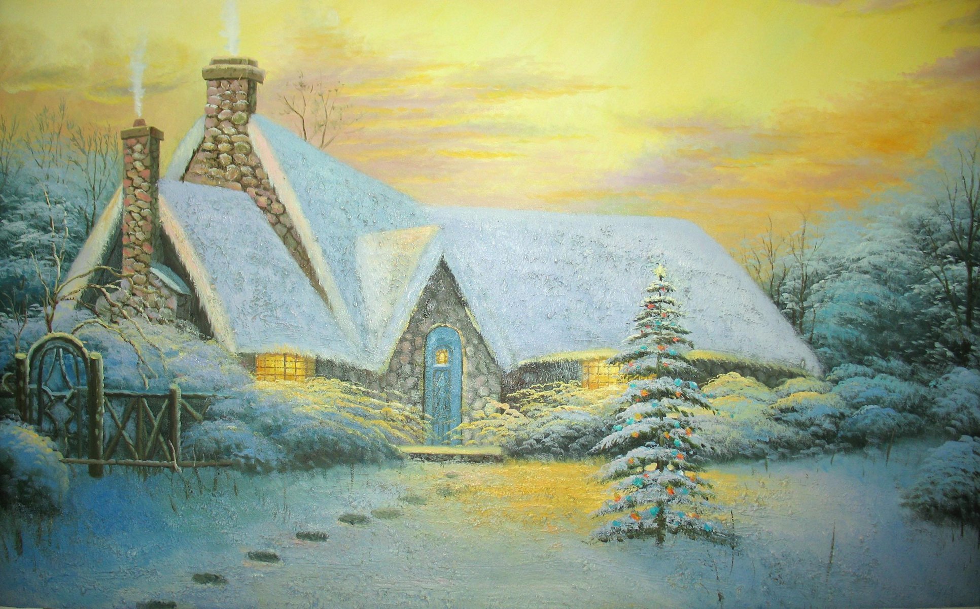 peinture thomas kincaid peinture image chalet d arbre de noël hiver chalet clôture neige traces