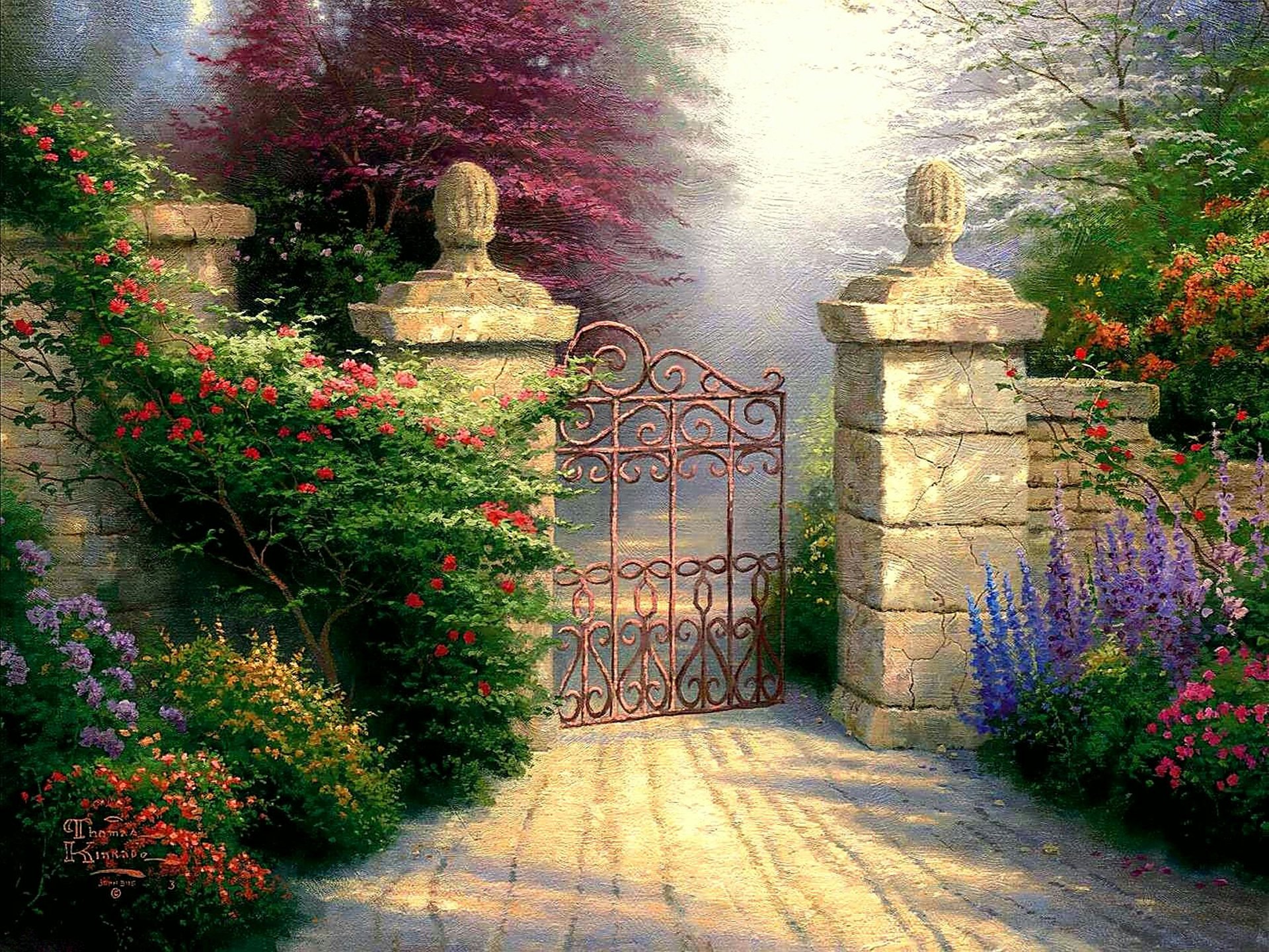 thomas kinkade pattern painting gate flower