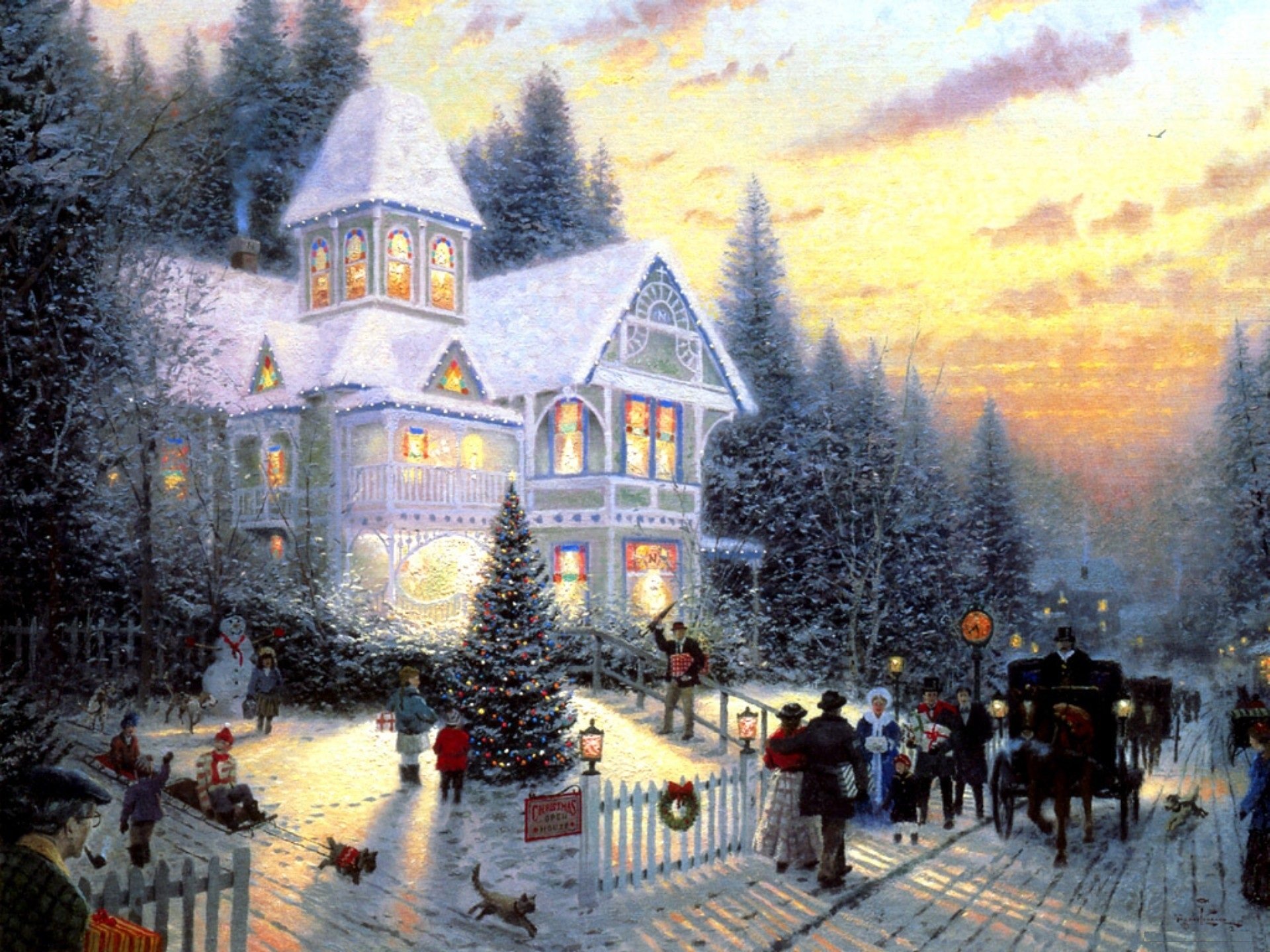 vittoriano natale thomas kincaid cottage albero di natale natale capodanno divertimento vacanze vacanze celebrazione saluti pittura pittura cavallo carro carrozza persone regali passeggiata luci abete pupazzo di neve cane gatto bambini