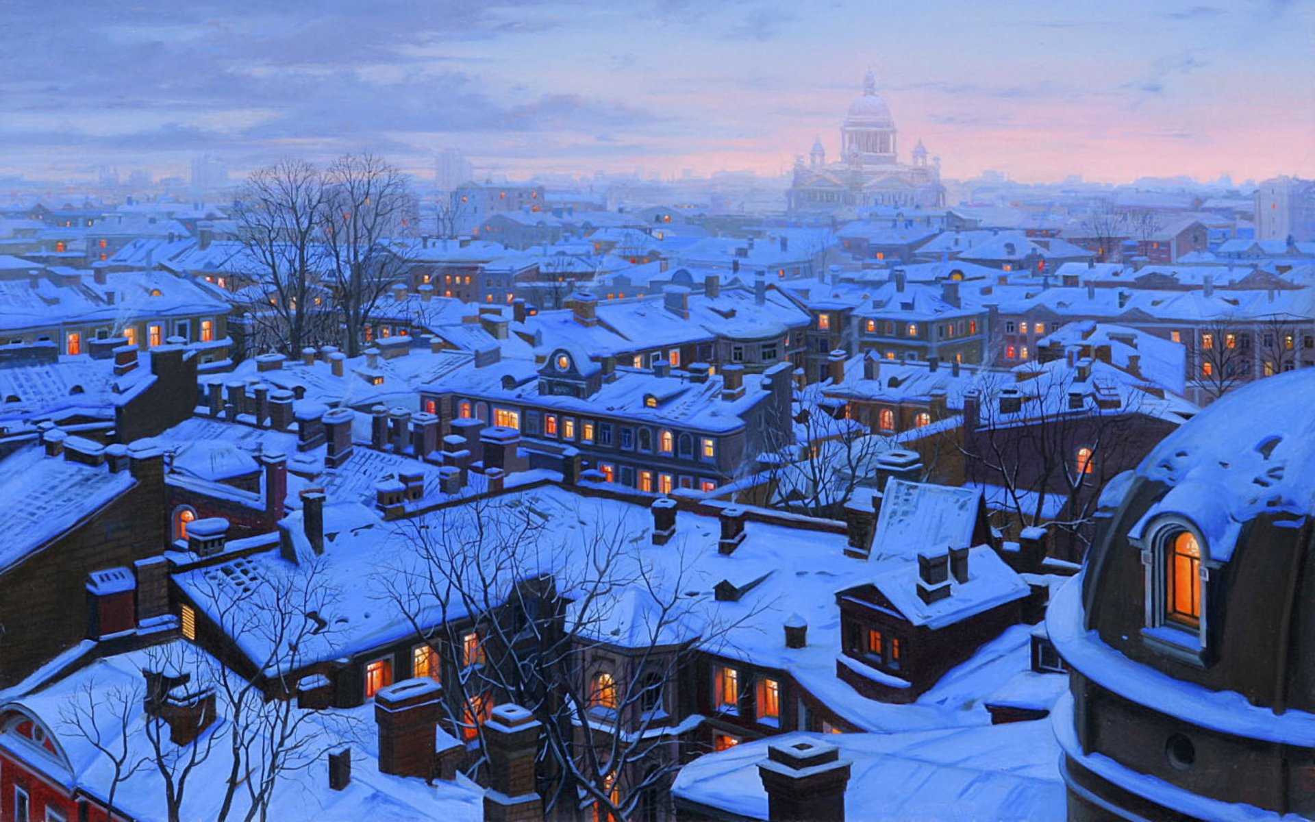 eugene lushpin san petersburgo techos tarde casa techos san petersburgo invierno nieve catedral de san isaac catedral eugene lushpin pintura lushpin ciudad san isaac invierno