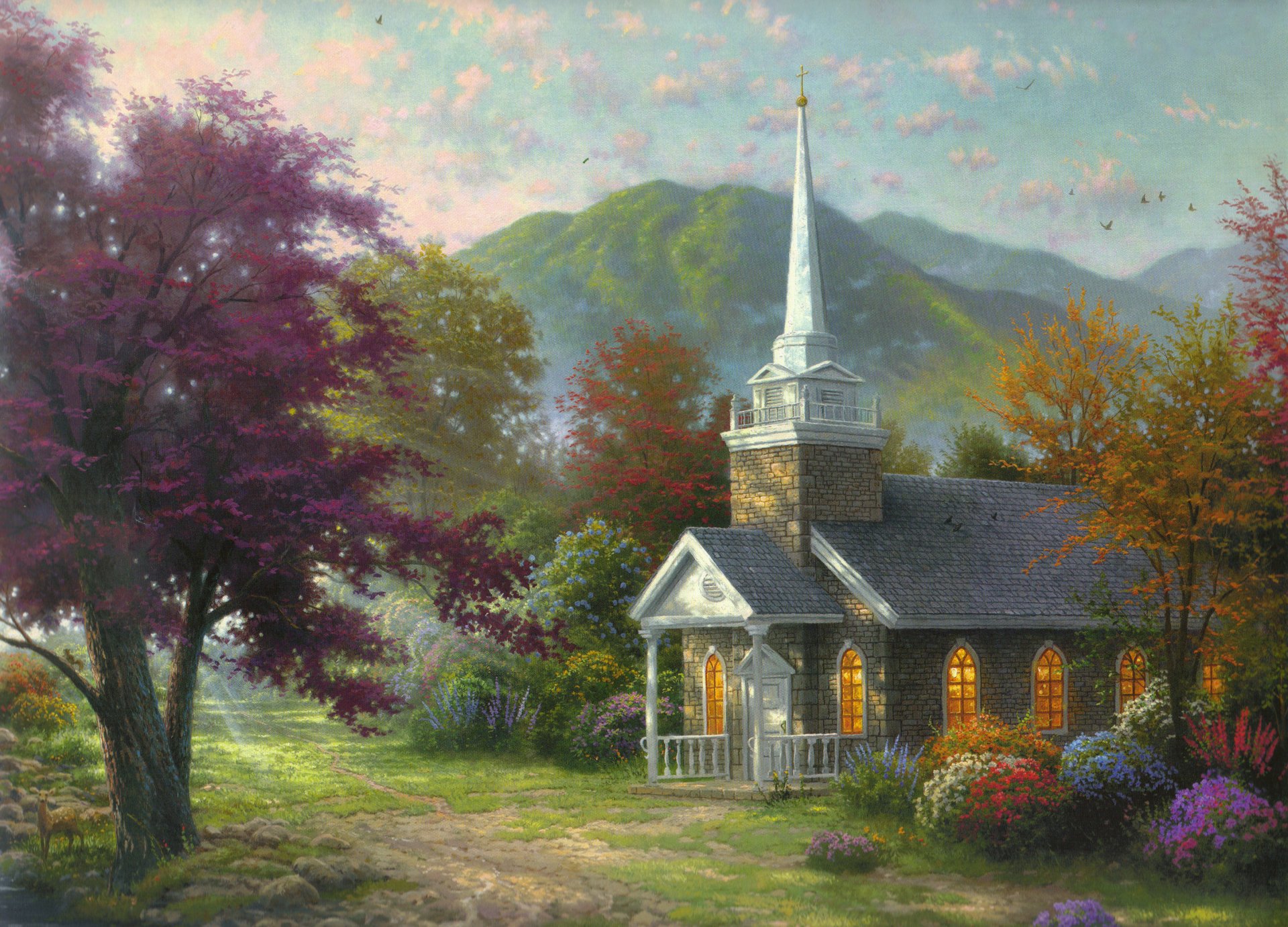 ríos de agua viva thomas kinkade shapel naturaleza flores pintura montañas árboles capilla rayos del sol