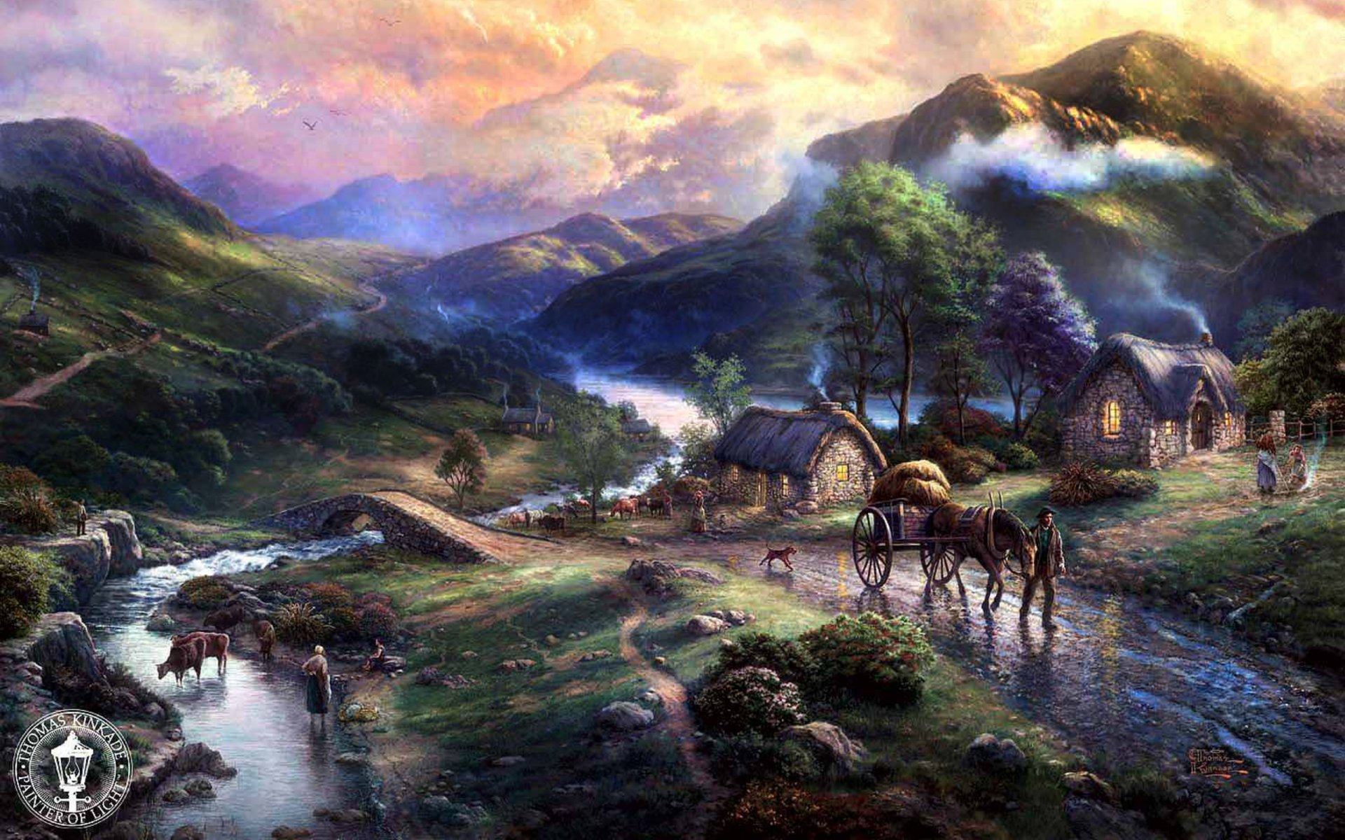 emeraldvalley thomas kincaid art montagnes animaux pont chien maison lac nature rivière vallée peinture village animaux