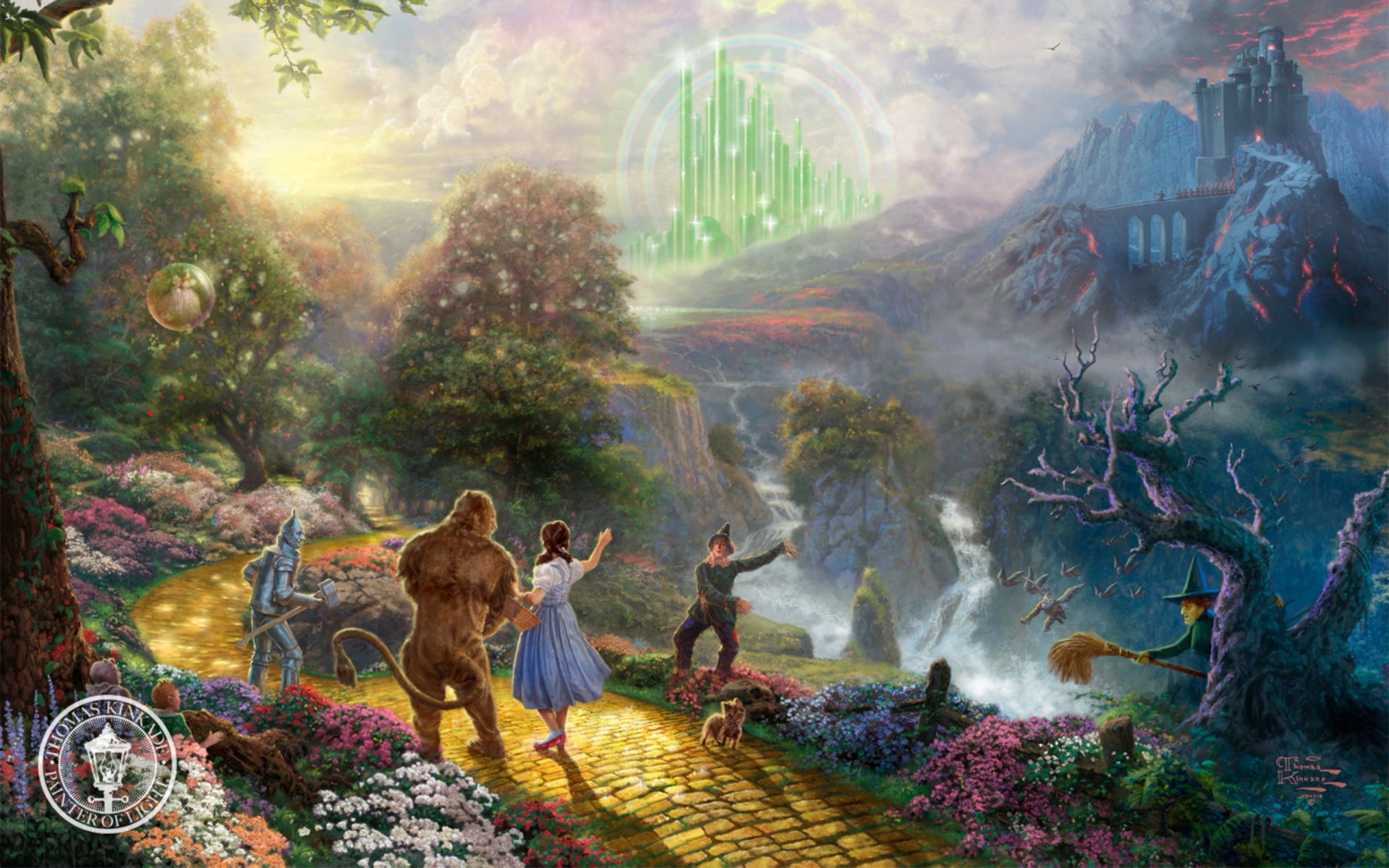 dorothy découvre la ville d émeraude peinture thomas kincaid magicien d oz film fantaisie château animé dessin animé personnages dorothy chien toto horreur bûcheron de fer lion lâche sorcière maléfique disney