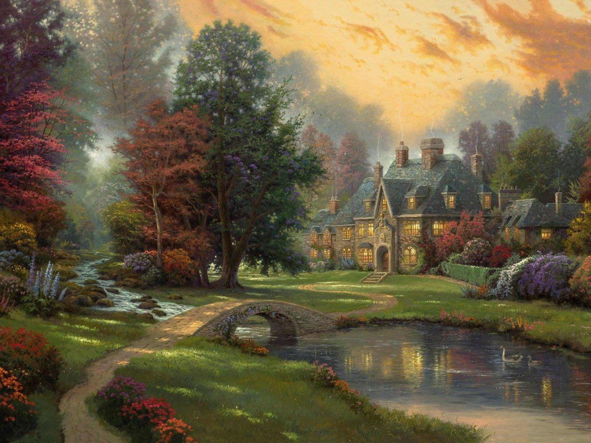 landscape thomas kinkade painting cottage river duck bridge tree sunset