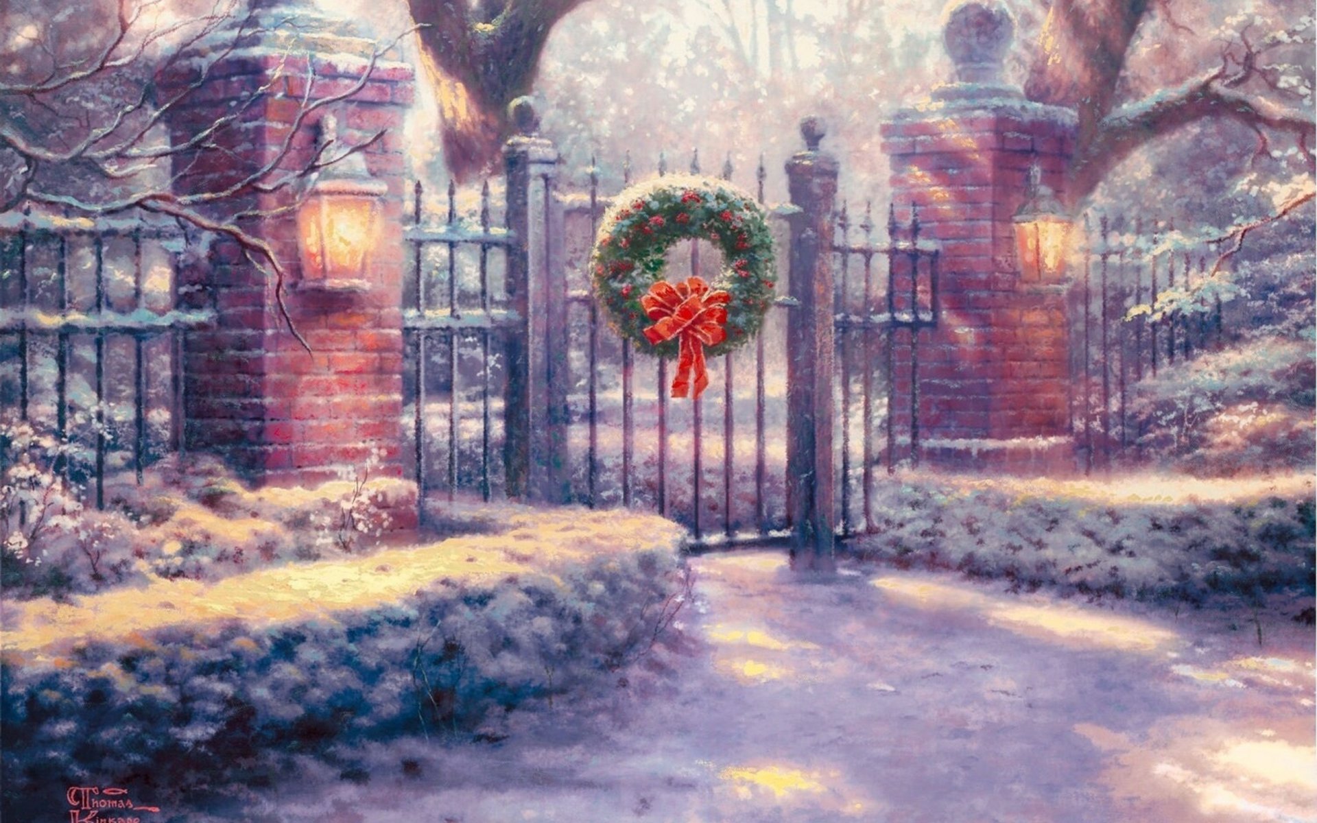 thomas kinkade christmas gate painting gates christmas decoration lamps snow