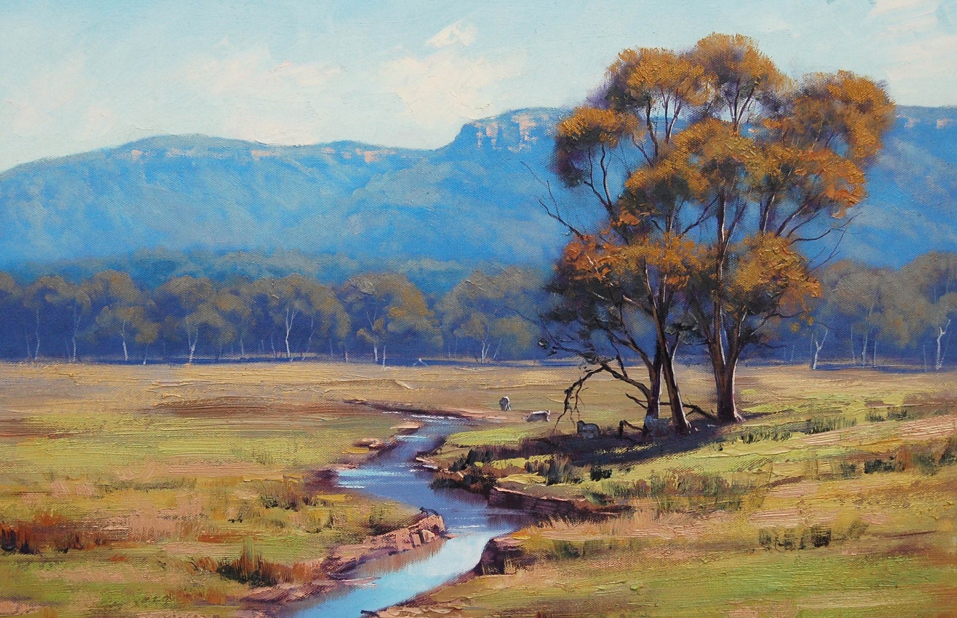 art artsaus landscape river tree animals hill