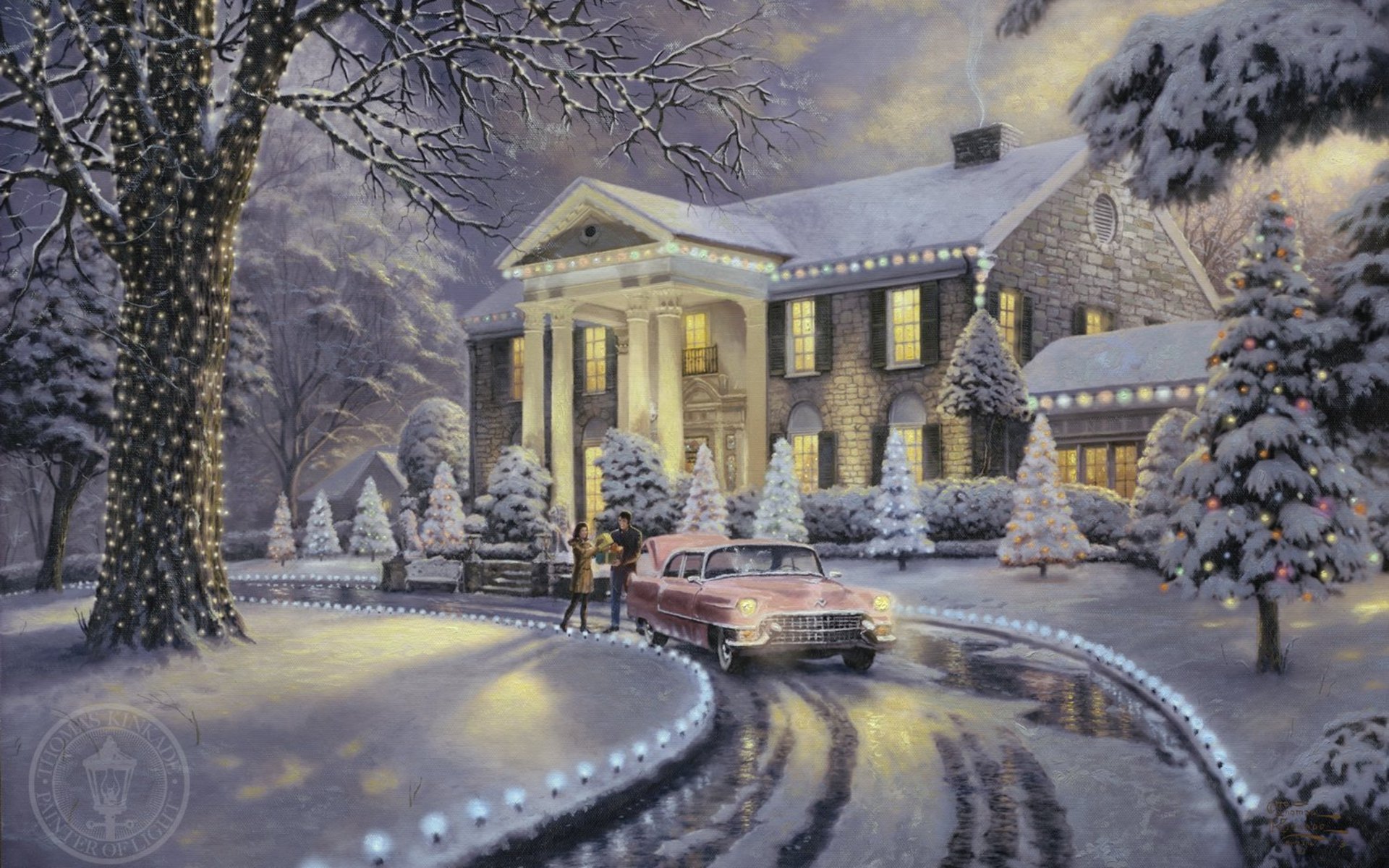 natale a graceland thomas kincaid pittura vacanze natale albero di natale auto neve lanterne casa villa auto retrò regali albero di natale ghirlande luci gelo favoloso bello